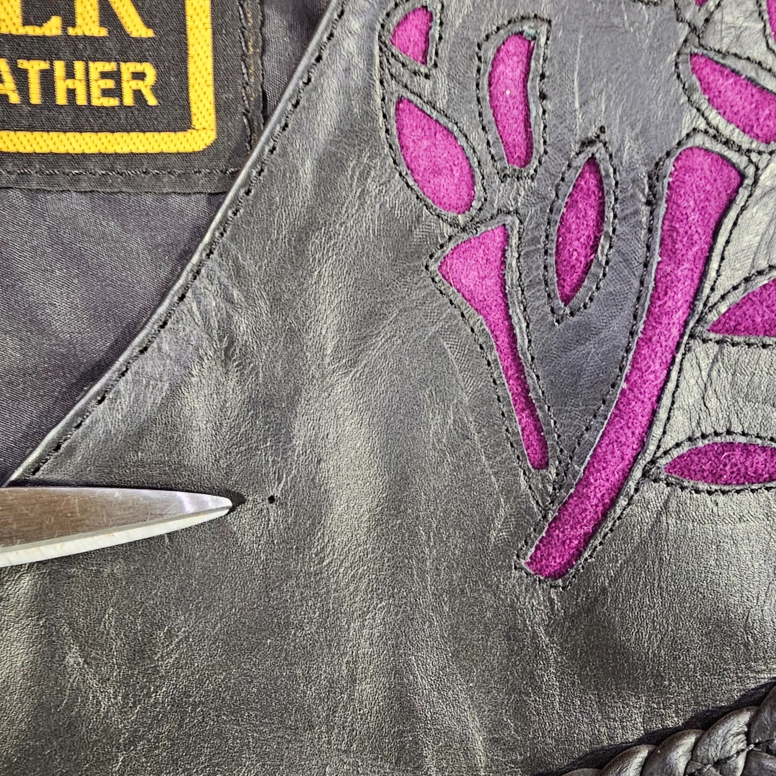 Vintage Hudson Leather Vest Womens Actual XL Snap Button Roses + Fringe Harley