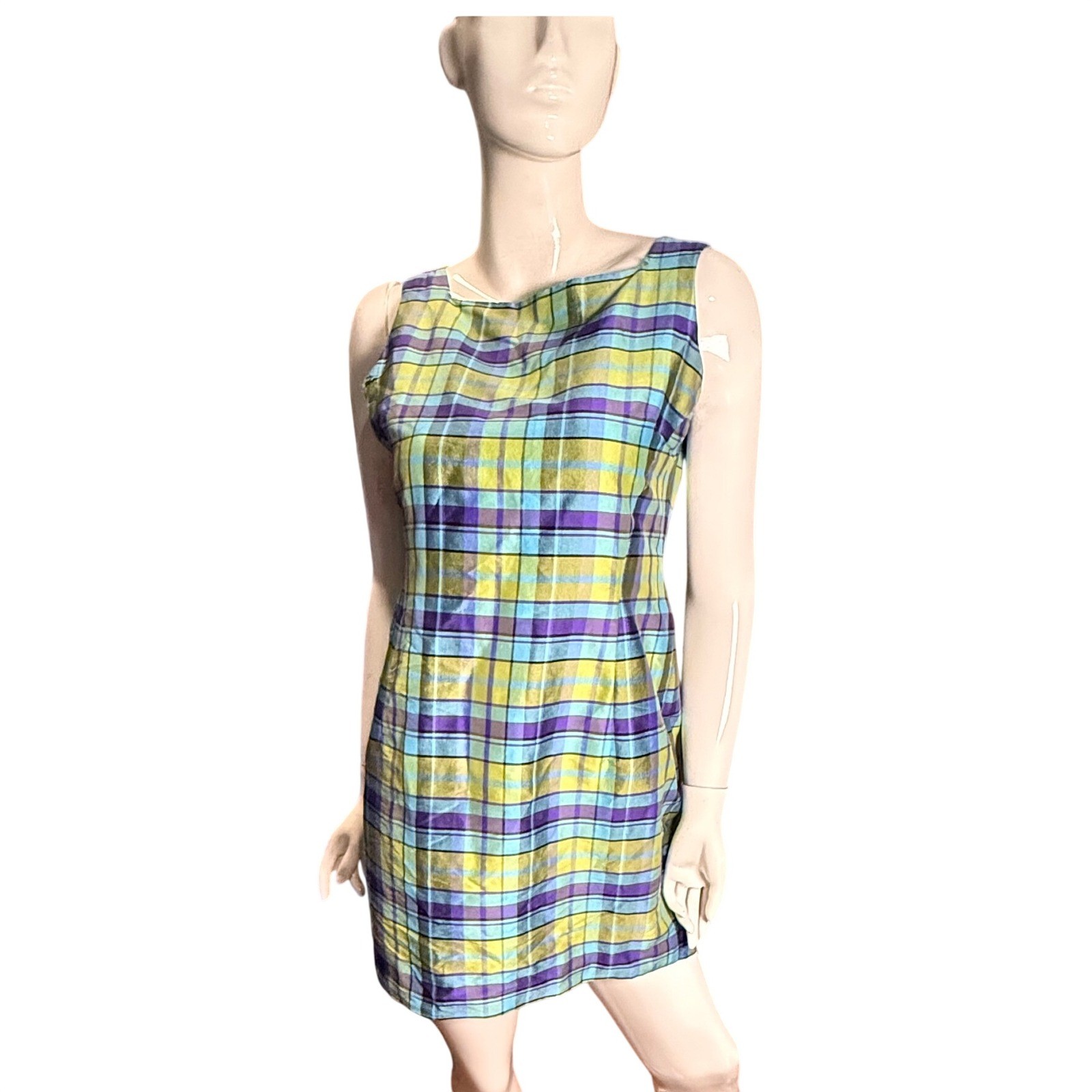 Vintage 80s silk mini dress retroPlaid Shift Green Blue Sleeveless Mod sheath 10