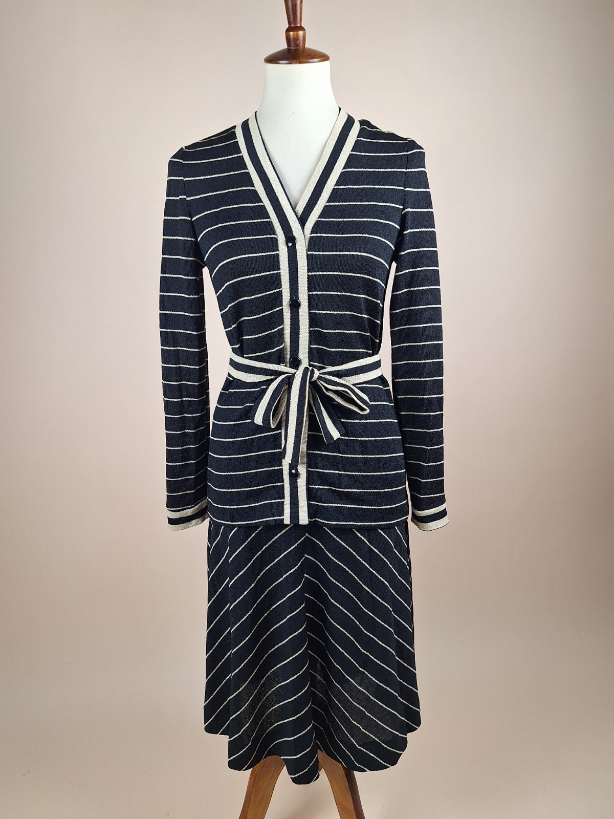 Vintage 1960s Black And Cream Knit Set Sweater Cardigan And Skirt With Ties