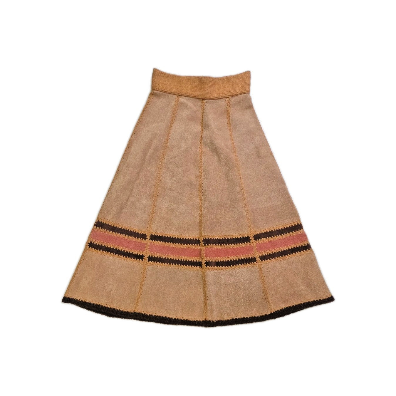 Vtg 1970s Suede Panel Midi A-Line Skirt Crochet Leather Boho Folk Tan Sz 5/6 XXS