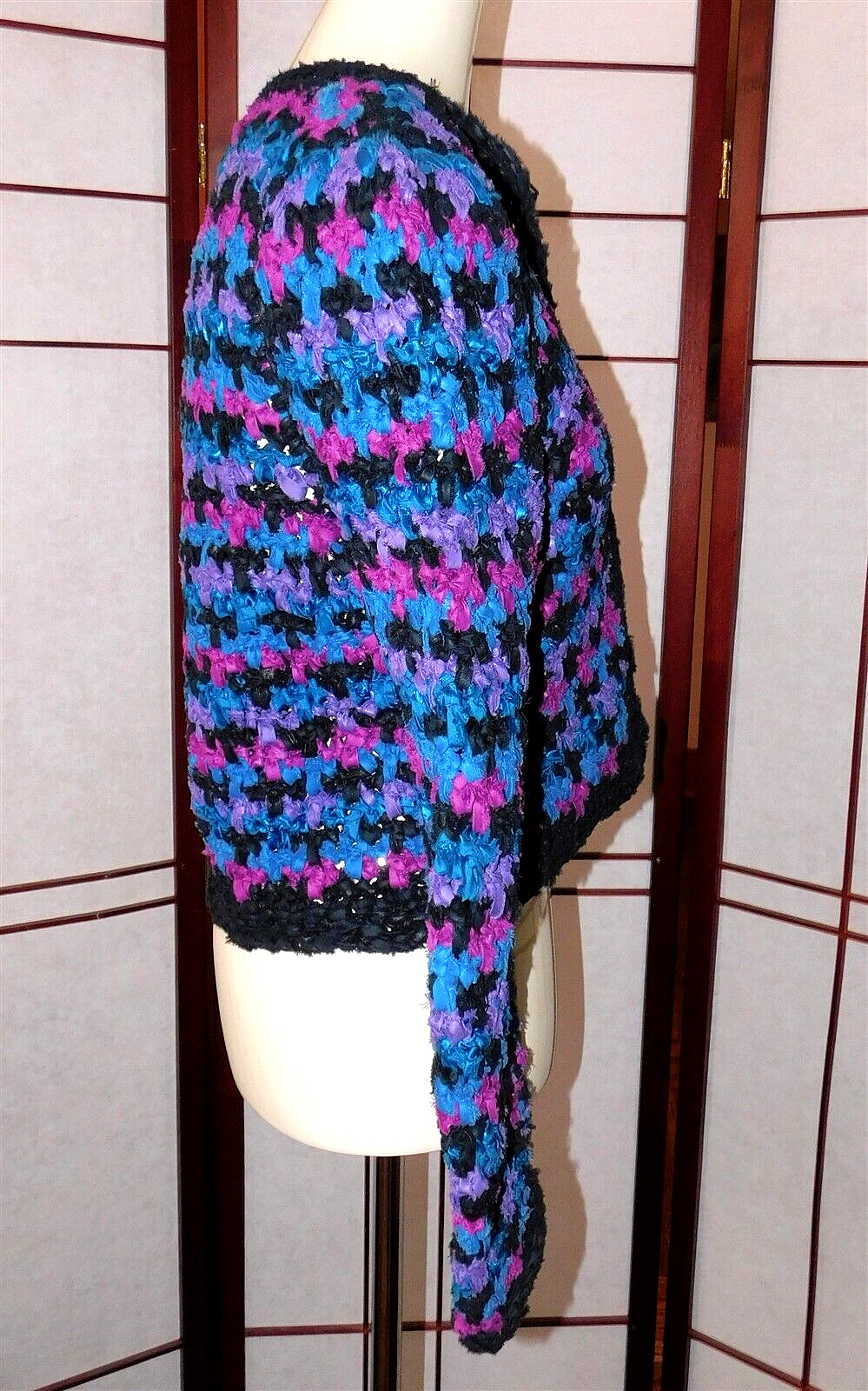 Estelle Gracer Blue Purple Chunky Knit Crop Jacket Sweater 1989 Glam Small
