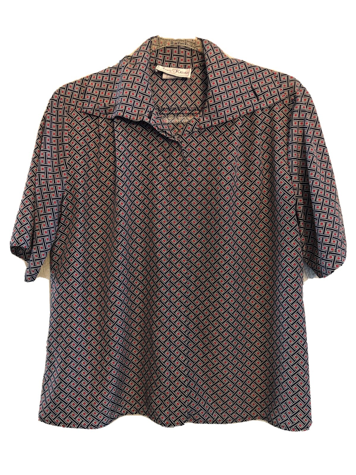 vintage anna kristie small S geometric wide collar 60s mod 70s disco shirt blue
