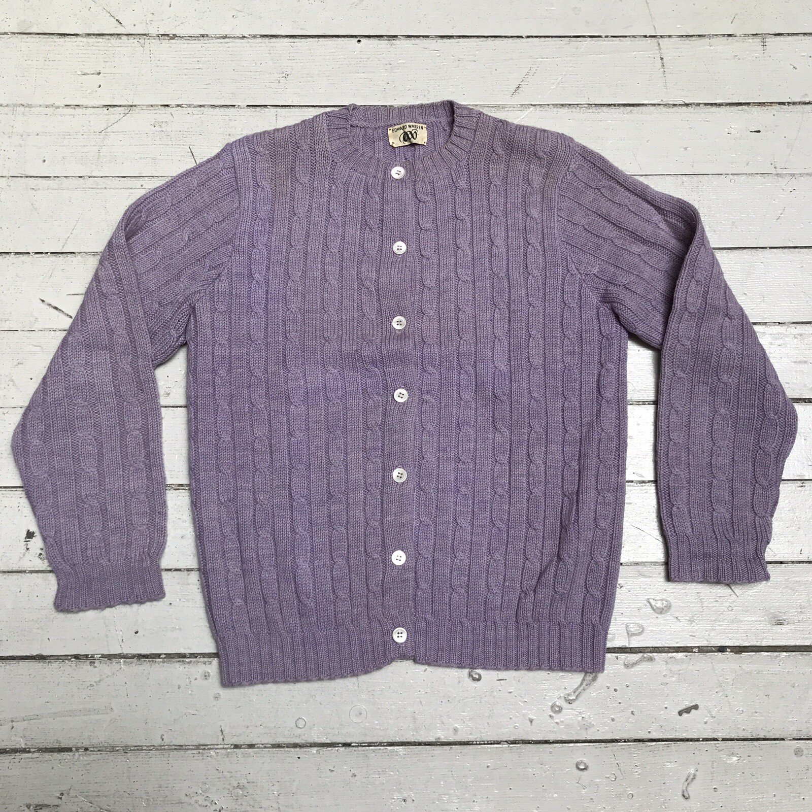VTG EDWARD WARREN Light Purple Lilac Cable Knit Sweater Cardigan M