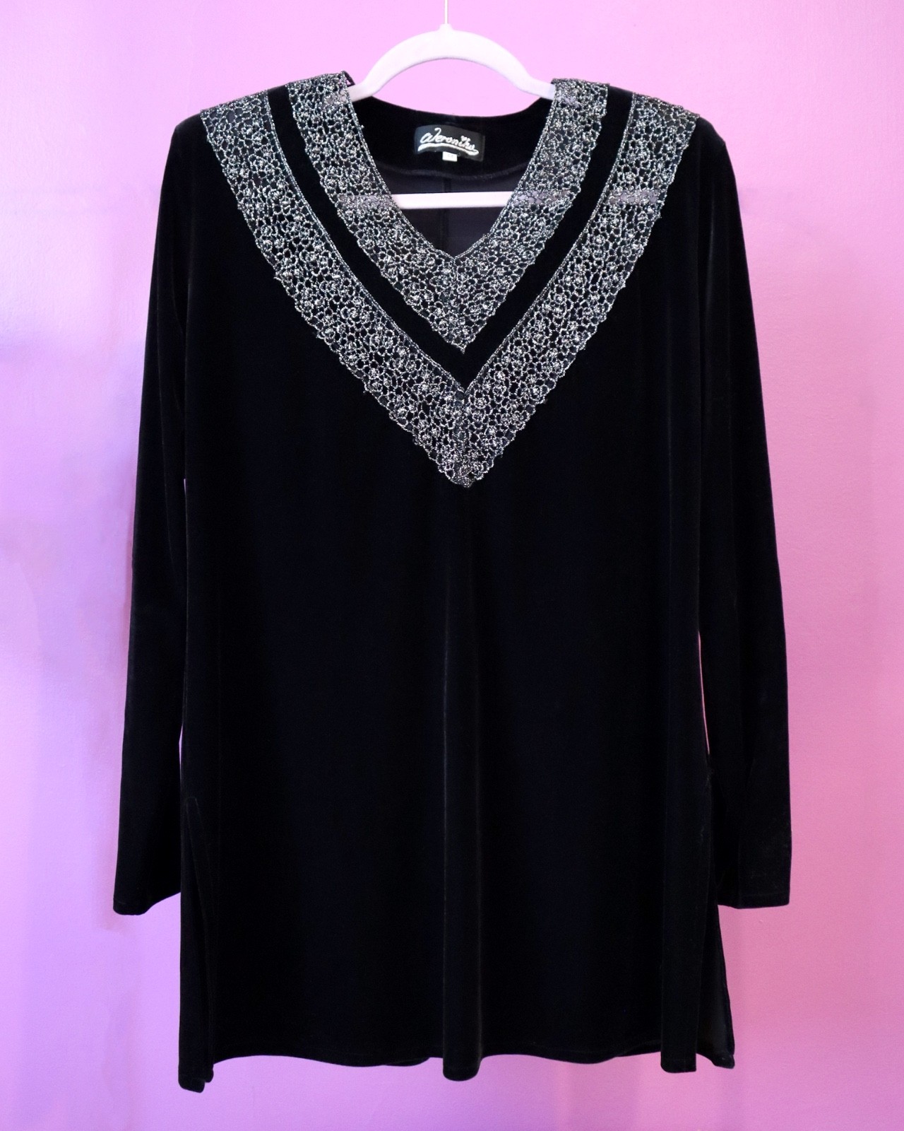 Vintage Black Velvet Mini Dress Silver Beaded V Neck Long Sleeve Italy 44