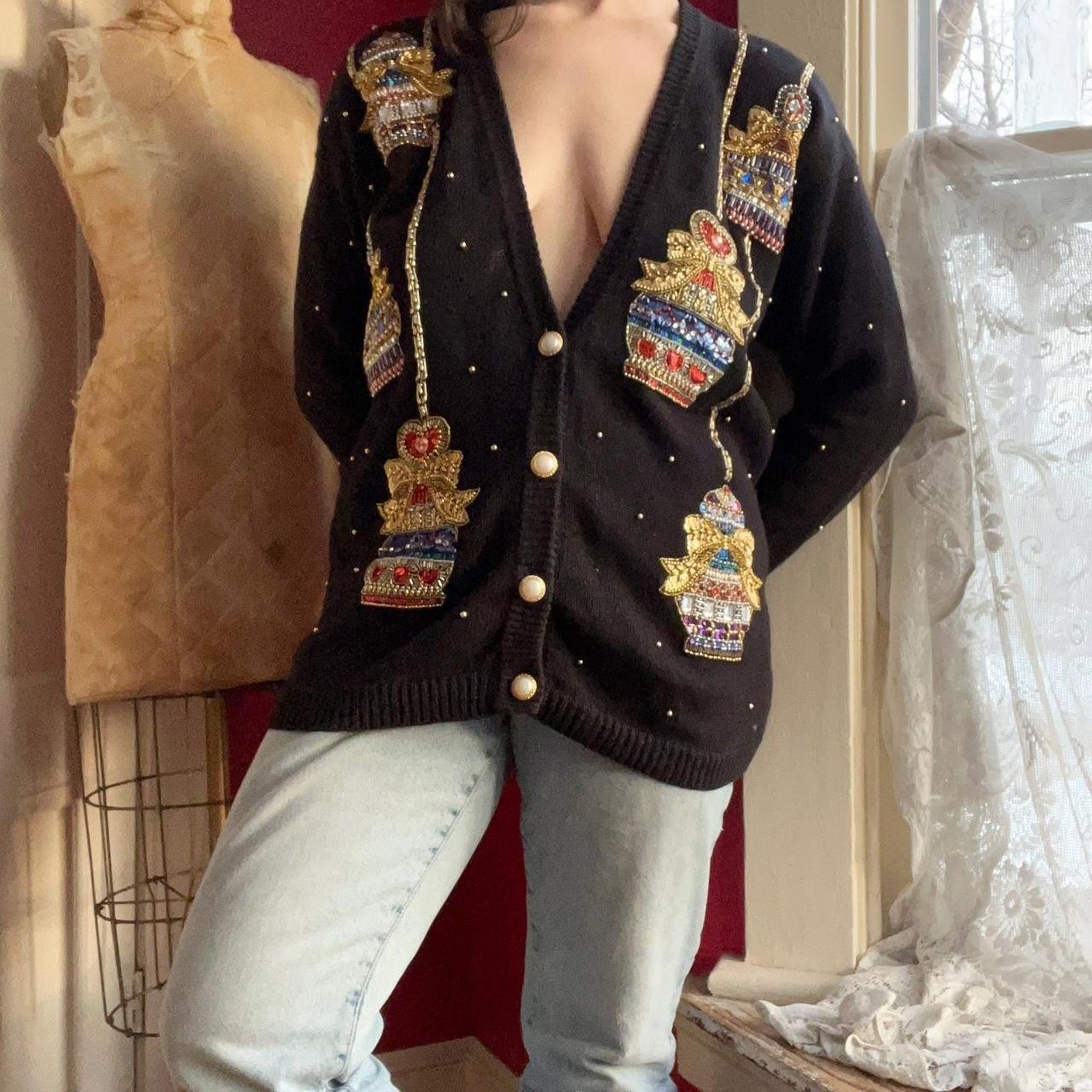 Vintage 1980s Black Cotton Beaded Sequin Hearts & Perfume Bottles Cardigan M/L