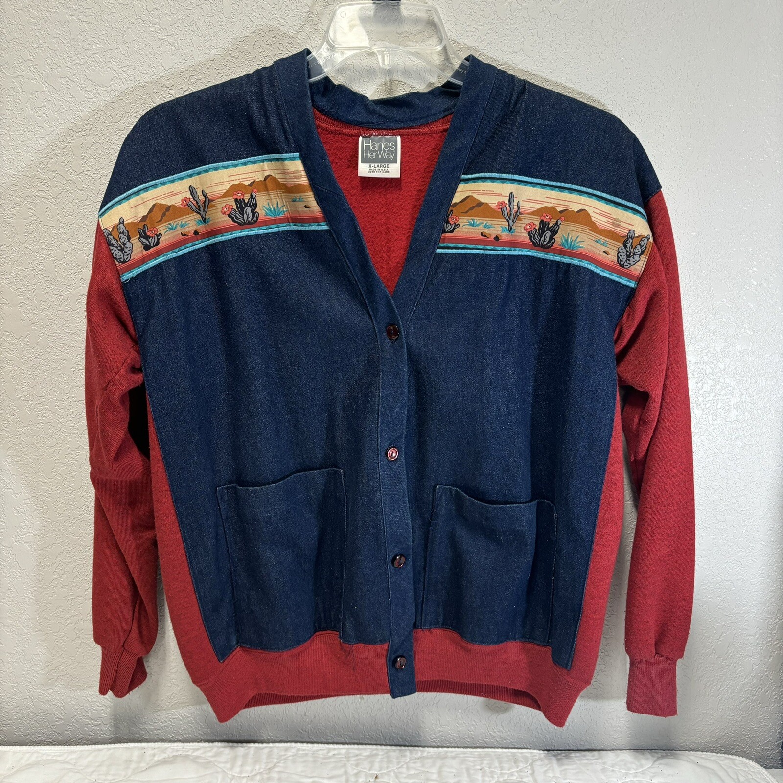 Vintage HANES HER WAY cottagecore granycore Denim Sweatshirt Jacket Southwest XL