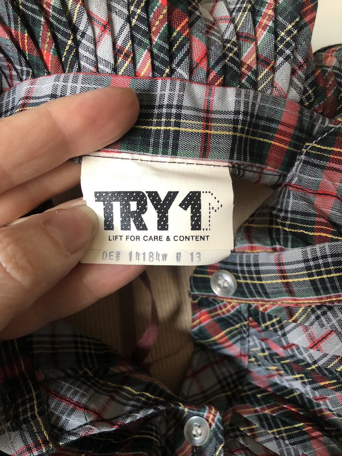 Vintage 80’s Try 1 Plaid Shirt With Pleated Ruffle Yoke & Collar