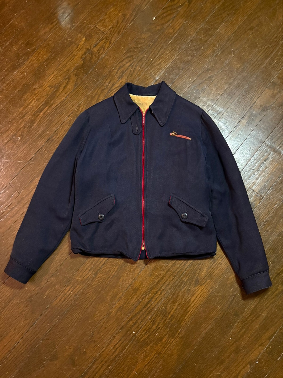 1940s Navy Alpine Ski Suit — Two-Piece Wool Gabardine Buckle Shearling Lined