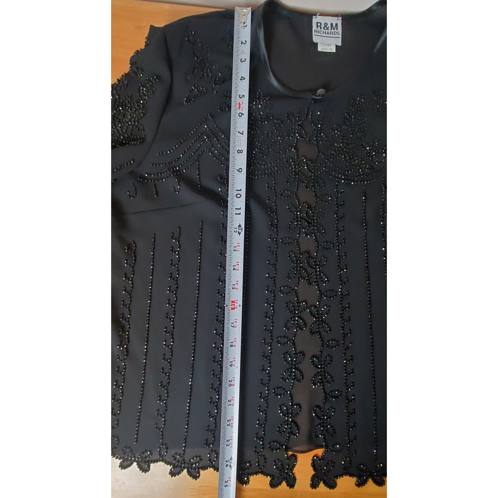 R&M Richards Vintage Black Beaded Open Front Sheer Jacket 18 Elegant Formal