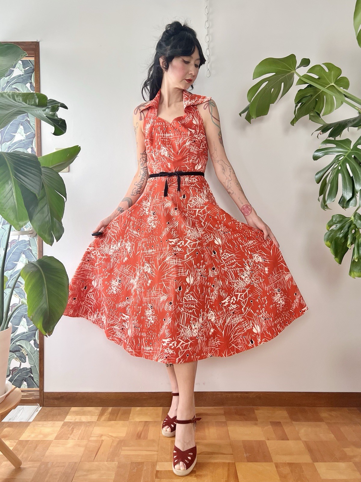 50s Abstract Print Collared Halter Neck Corset Lace Up Cotton Dress S/M LVL Tiki