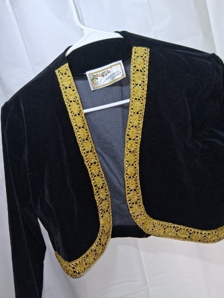 Vintage 80s California Gold Rush Black Velvet Bolero Jacket Gold Trim Shrug
