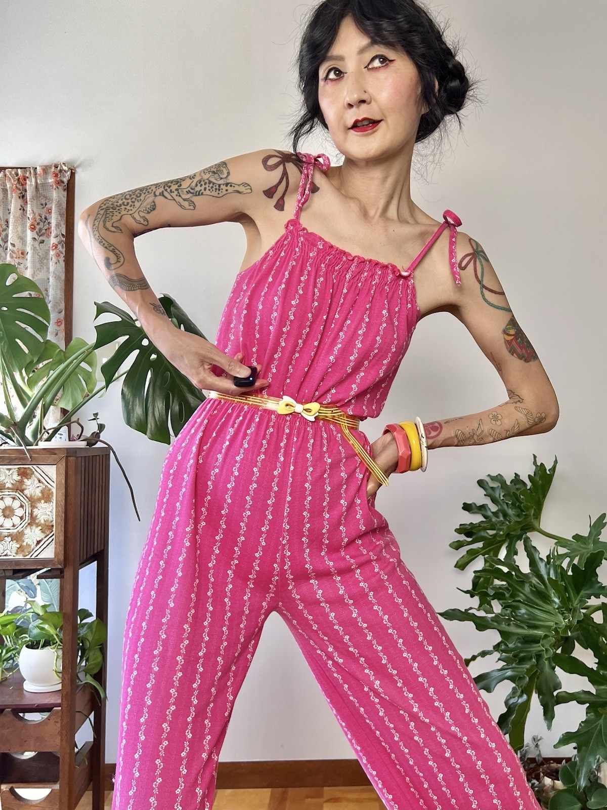 vintage 70s Hot Pink Disco Jumpsuit Floral Stripe Tie Strap Boho Stretch XS S M