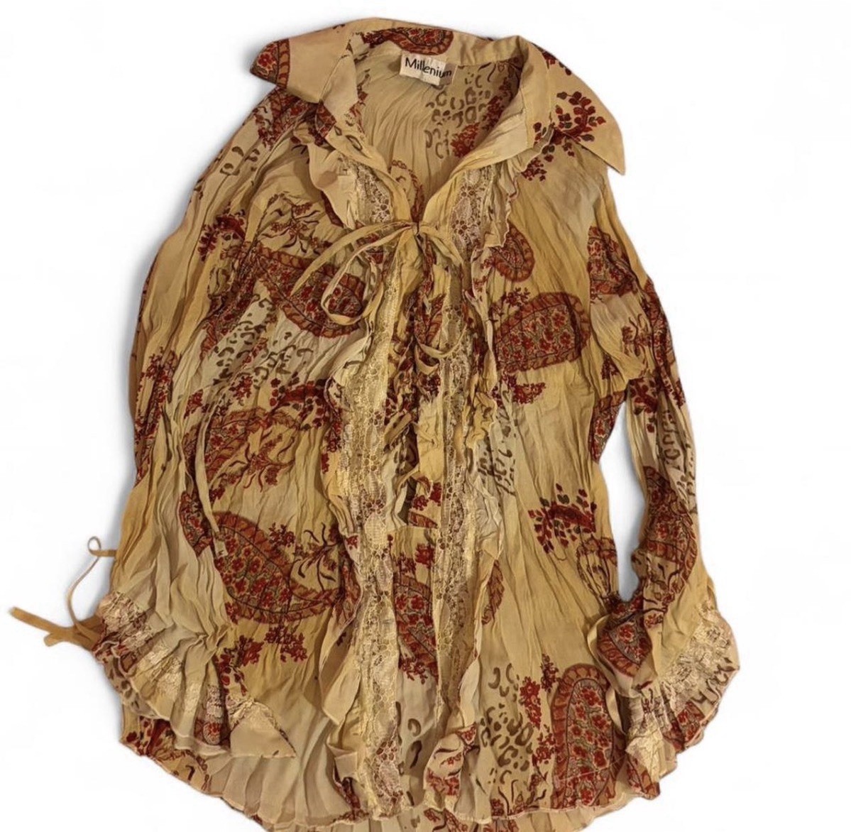 90s y2k Vintage Paisley Lace-Up Ruffle Lace Detail Blouse boho whimsey fairy