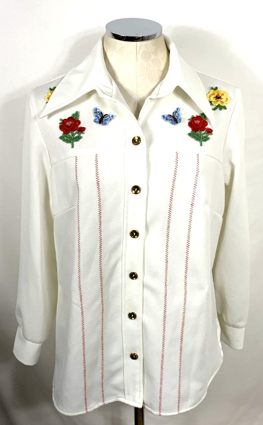 Rockabilly Western Cowgirl Shirt Jacket Sz M White Appliqué Knit Stretch FLAW