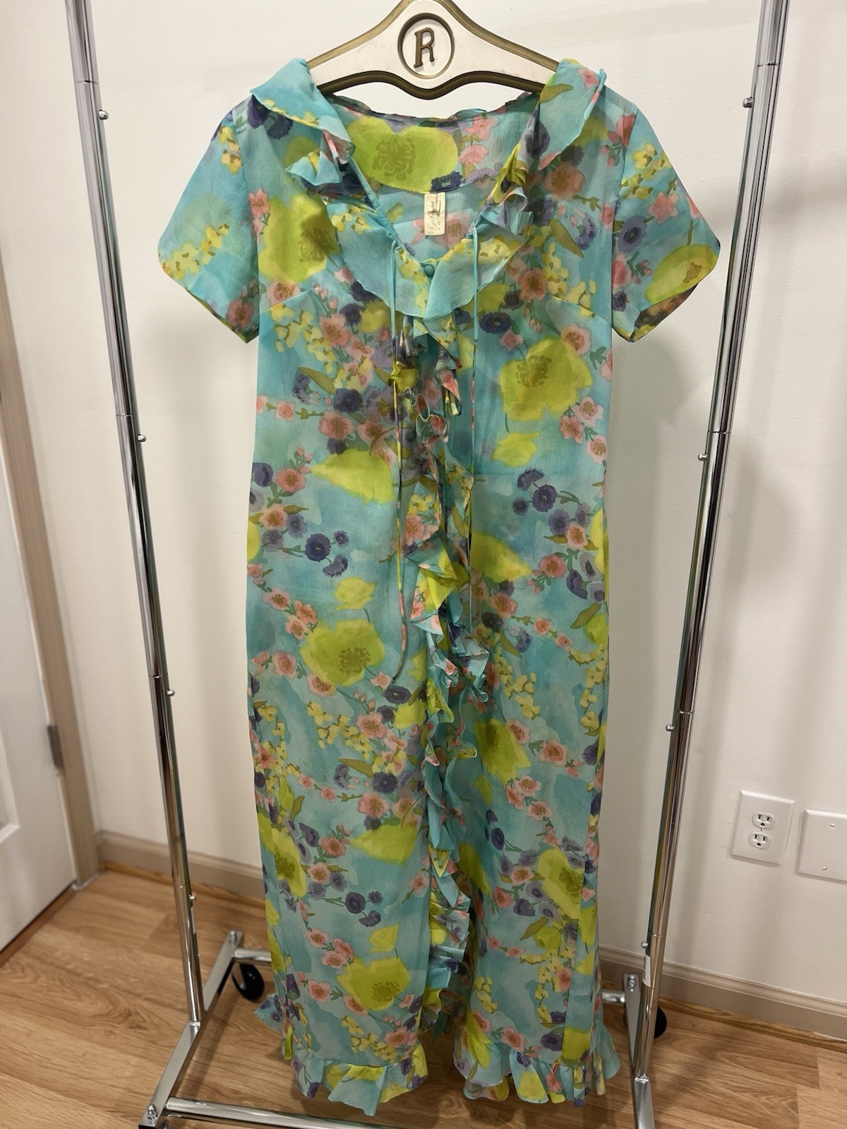 Vintage 60s “Eyeful by The Flaums” Floral Ruffle Dress Aqua Blue Union Made M