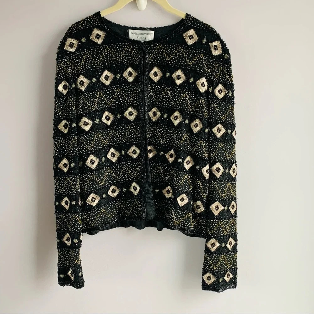 Vintage Silk 'Papell Boutique; Beaded Evening Jacket Black Silver Gold Luxury S
