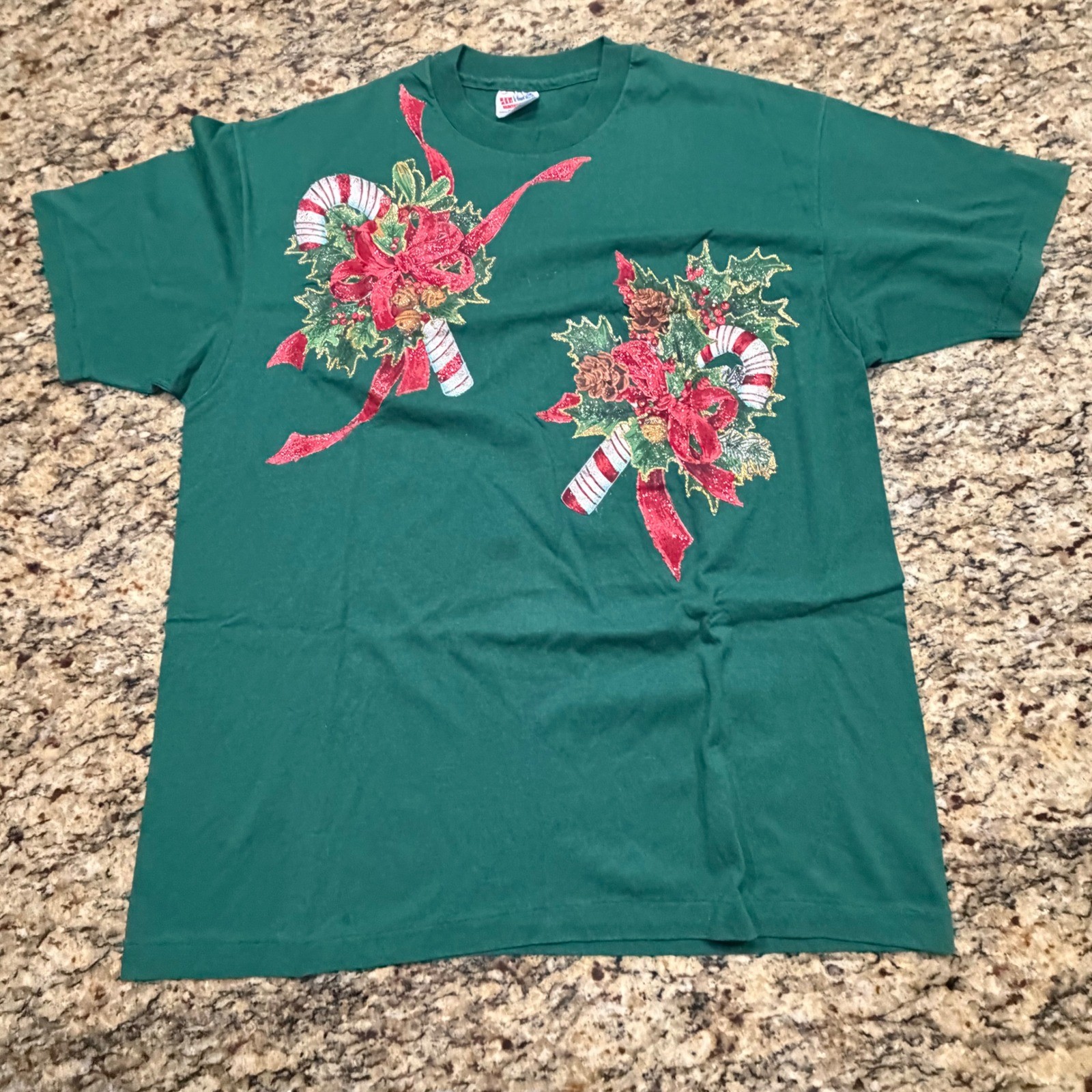 Vintage Hanes Christmas T Shirt XL Green Candy Cane Glitter Single Stitch 90s