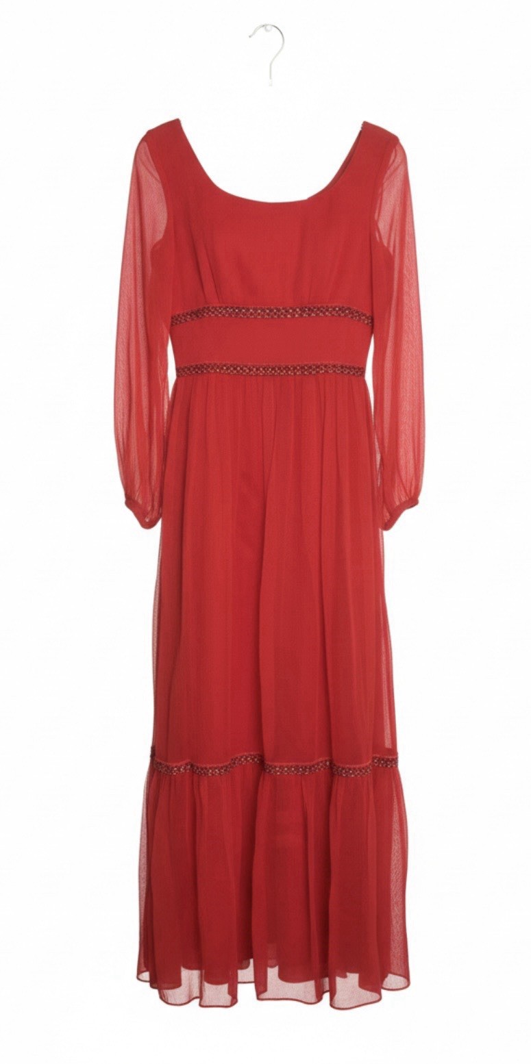 Vintage Lorrie Deb Full Length Red Dress w/Sheer Sleeves & Gold Trim Sz 11/12