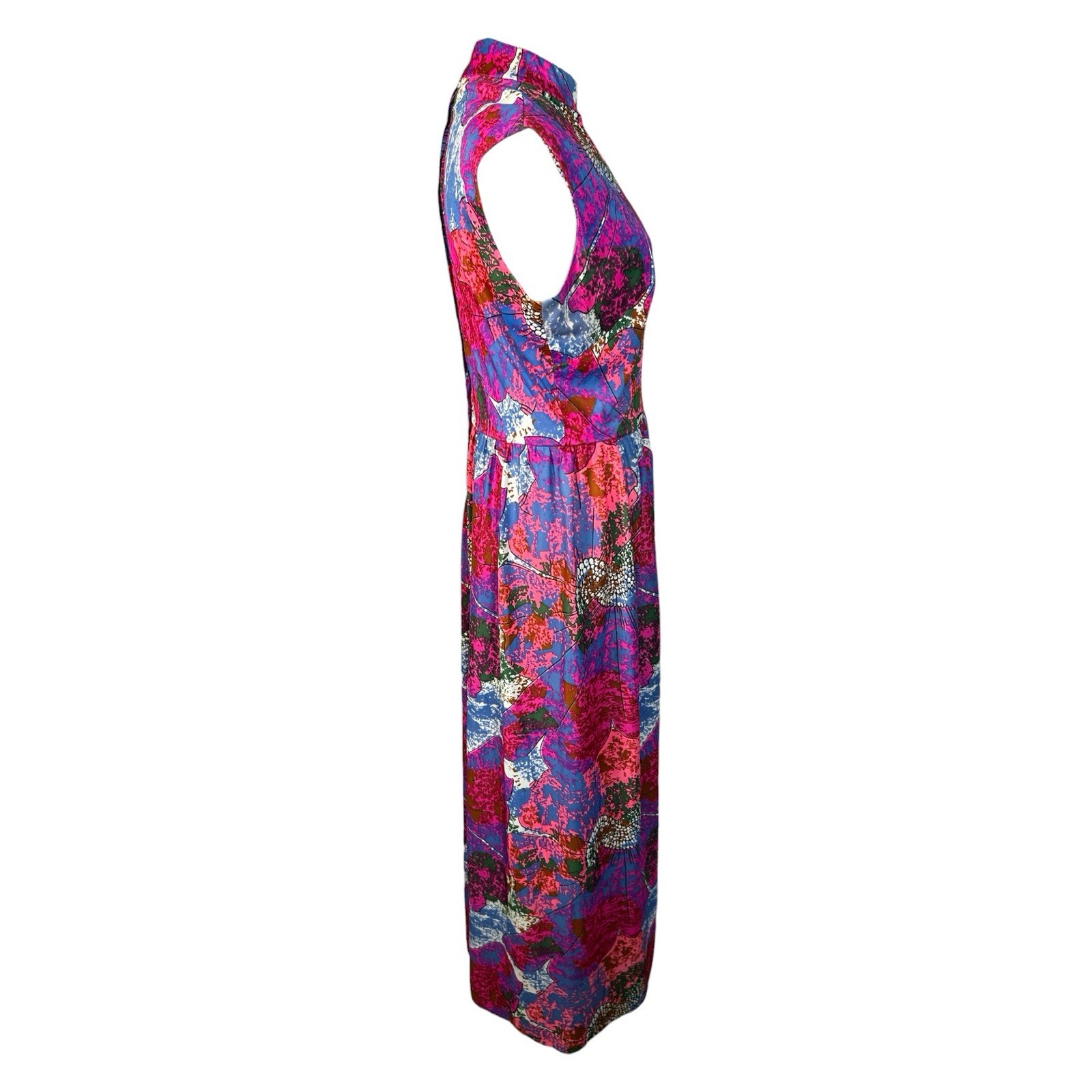 VTG 60s Floral Abstract Mock Neck Hippie Psychedelic Long Maxi Dress Sz M