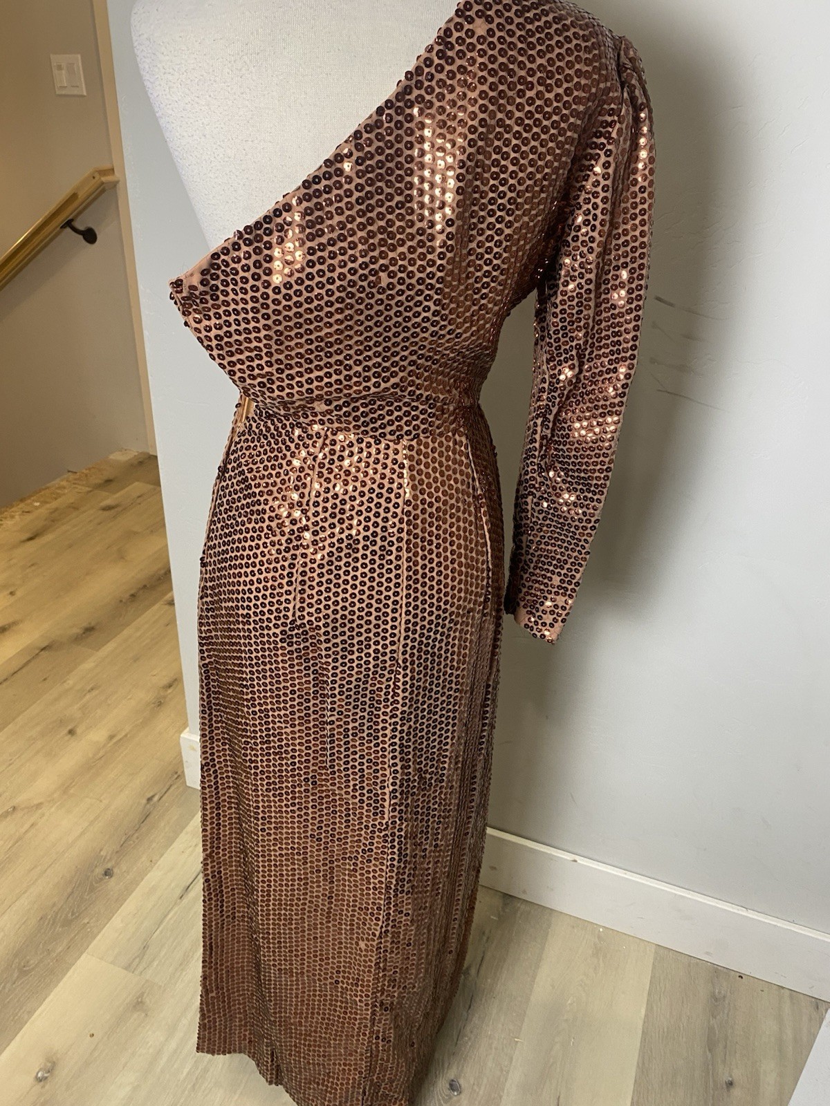 Vintage 1960’s Mike Benet Formals Copper Sequined One Shoulder Gown XS