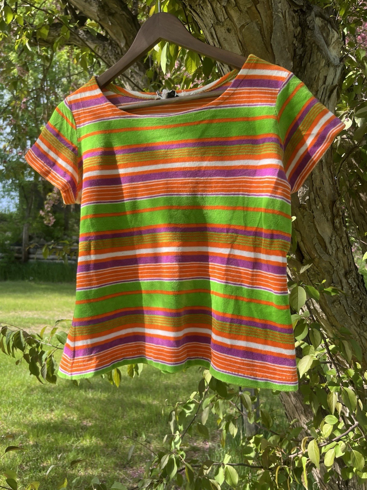 VTG 60s Crop Top Terry Velour Beach Wear Vibrant Stripes Mod Sports Wear S/M