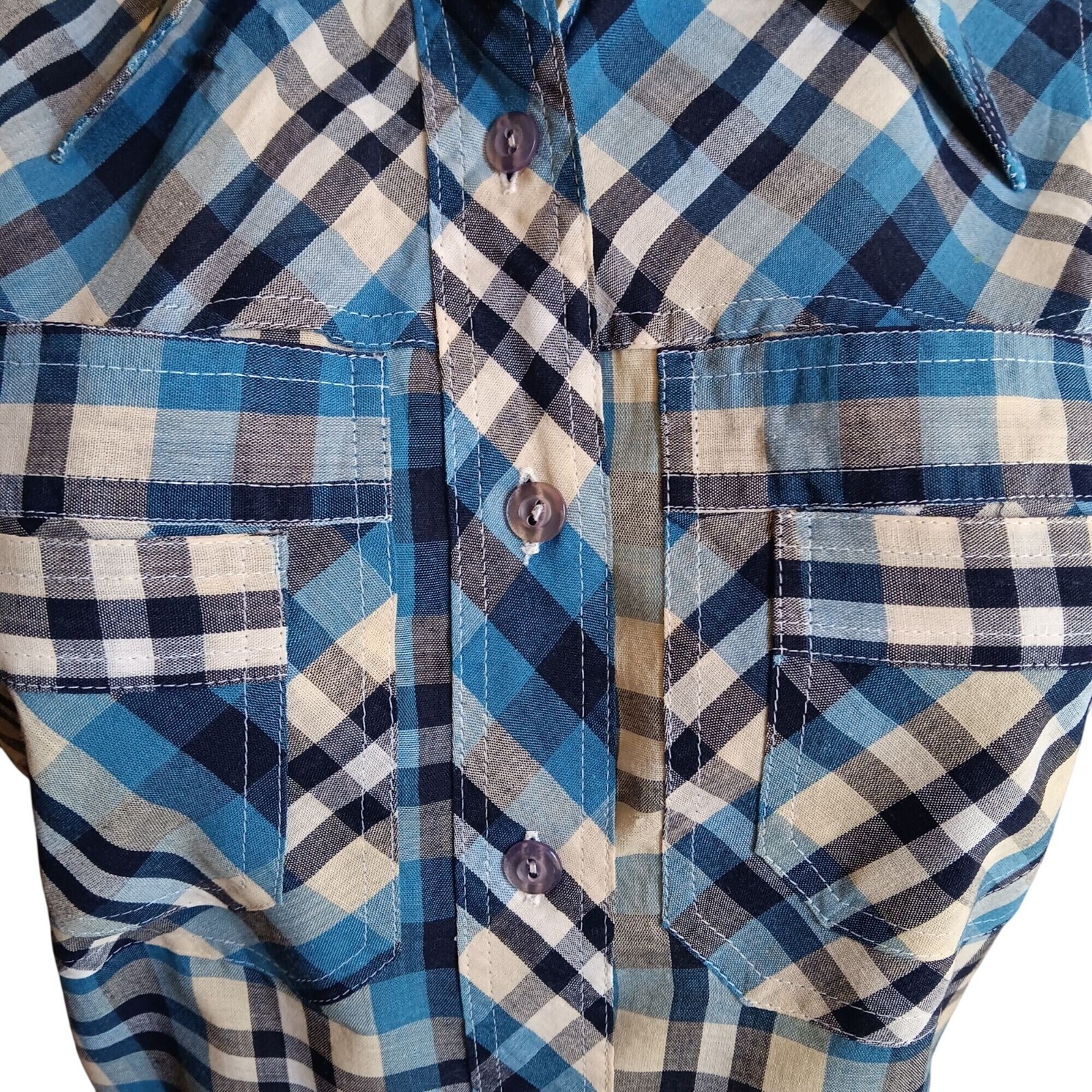 Small Womens Vintage Shirt 70’s Blue Plaid Blouse Shirt Boho Hippie Distress