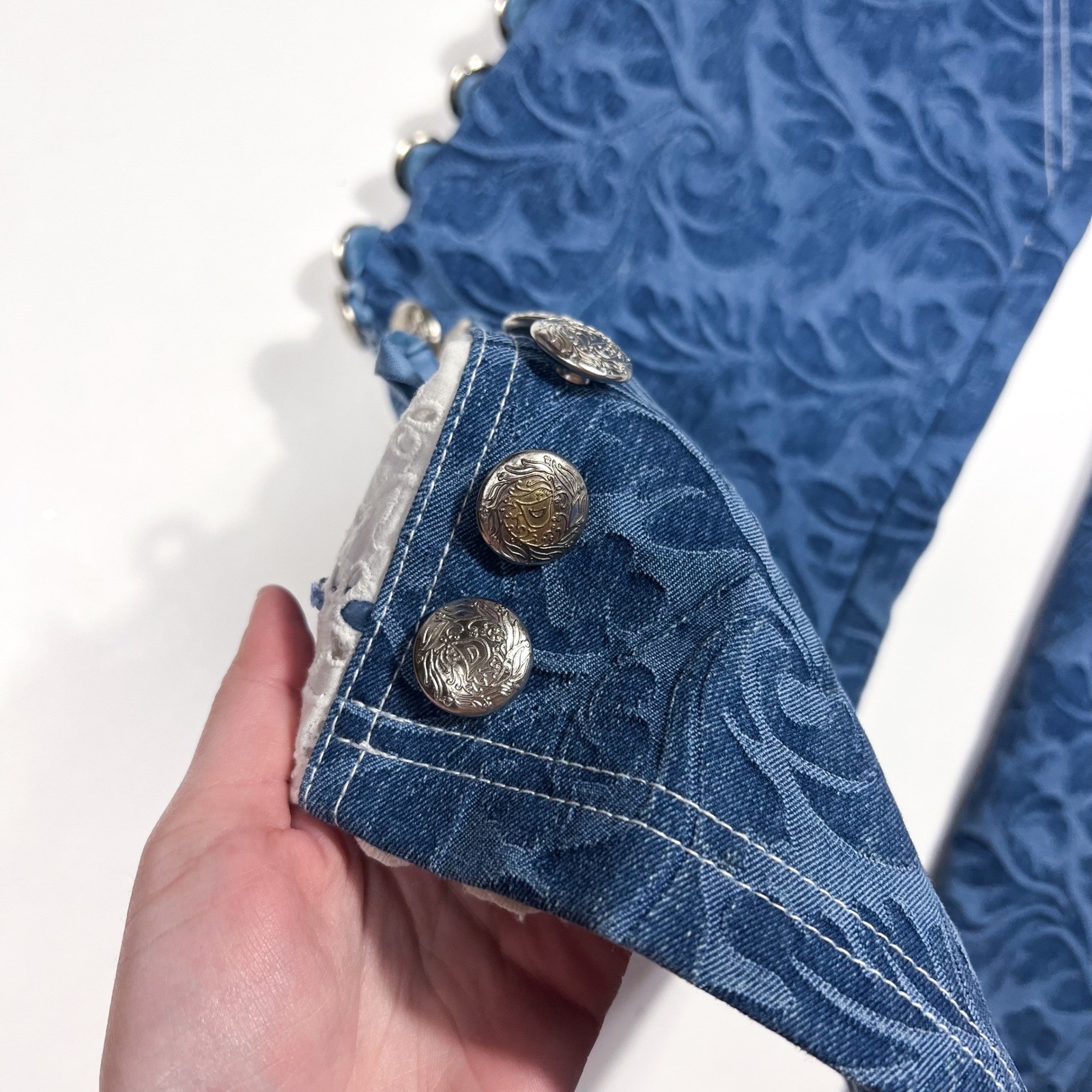 Vintage Dekers Paris Flared Brocade Pants Blue Floral Lace Button Hem