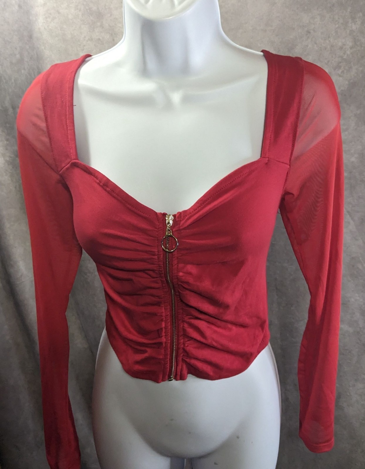 Vintage 90s Ambiance Red Long Sleeve Top With Mesh Sleeves & Gold Zip Front