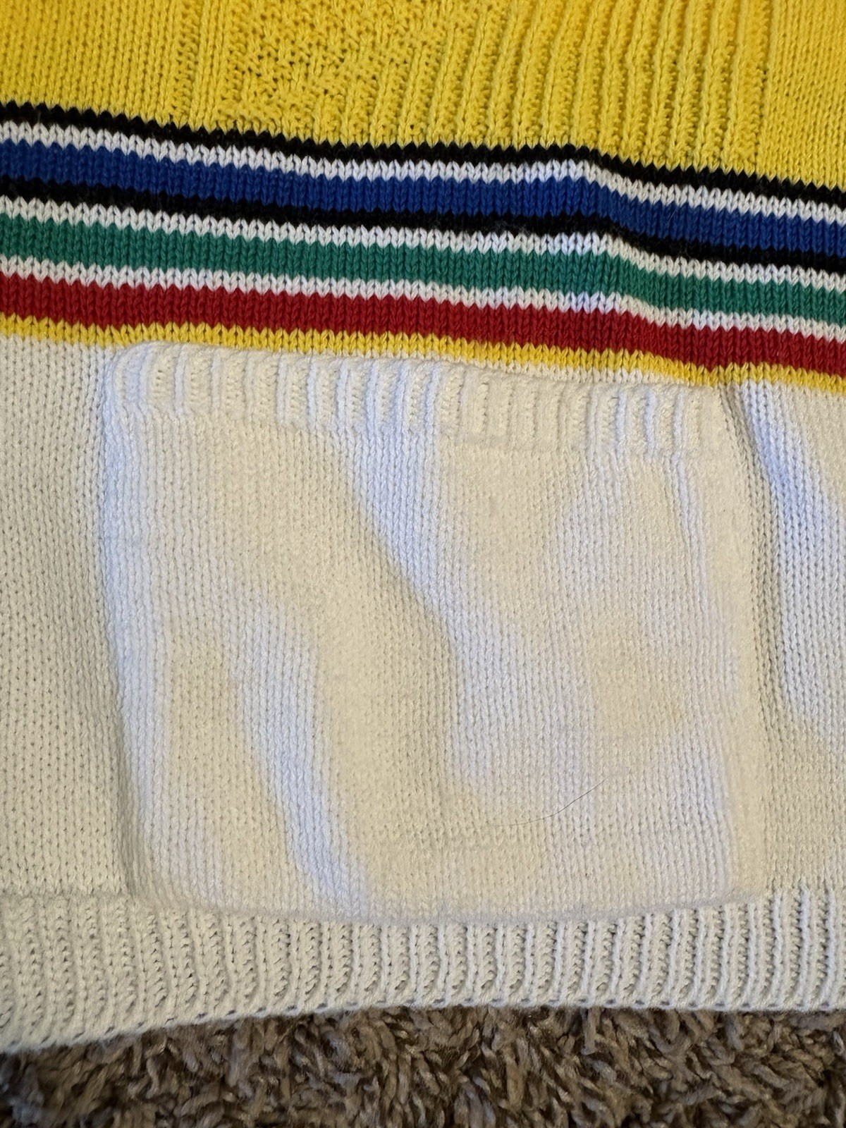 VTG 70s 80s Beldoch Popper Sweater Yellow Rainbow Stripe Knit Pockets