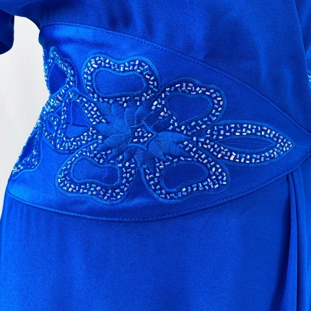 Vintage 80’s Daymor Couture Blue Wrap Style Dress with Beaded Embellishments S