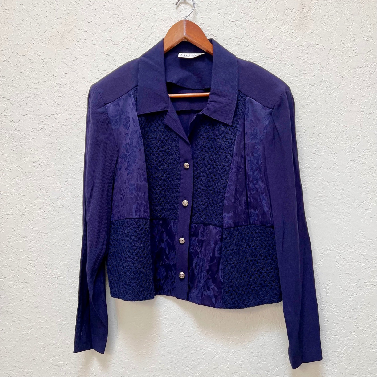 Lady Dorby Vintage Navy Crochet Floral Patchwork Button Up Blouse Top 90s Retro