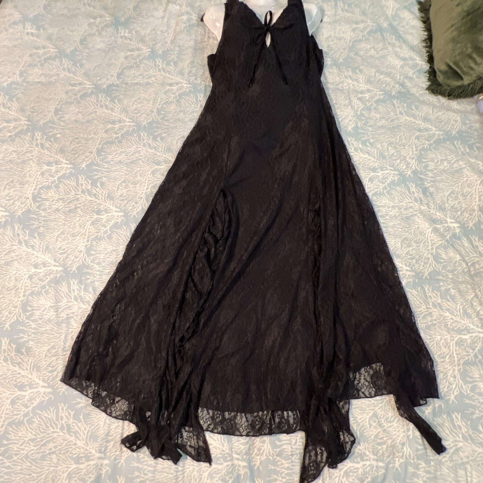 Black Lace Maxi Slip Dress Flowy Goth Sheer Layer Witchy Halloween