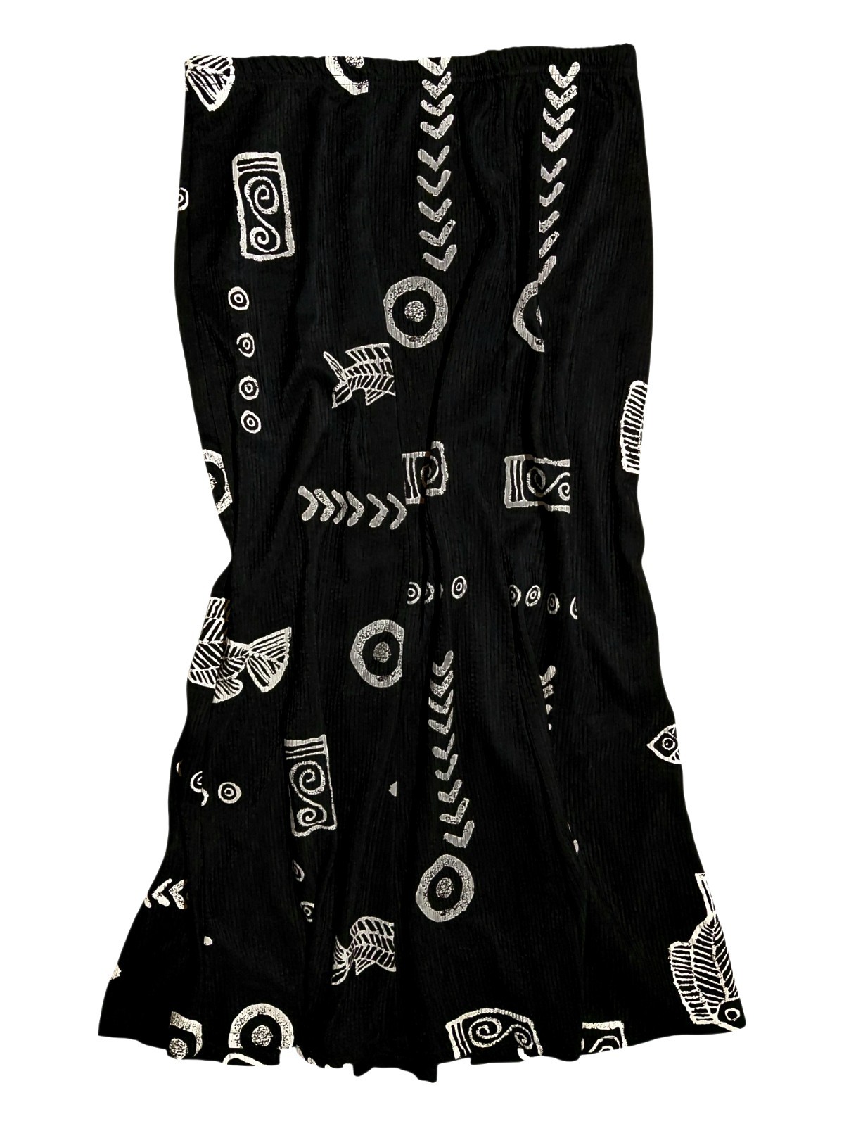 Vintage 90s Seung Lee Crinkle Skirt S Black Batik Tribal Fish Print USA Cotton