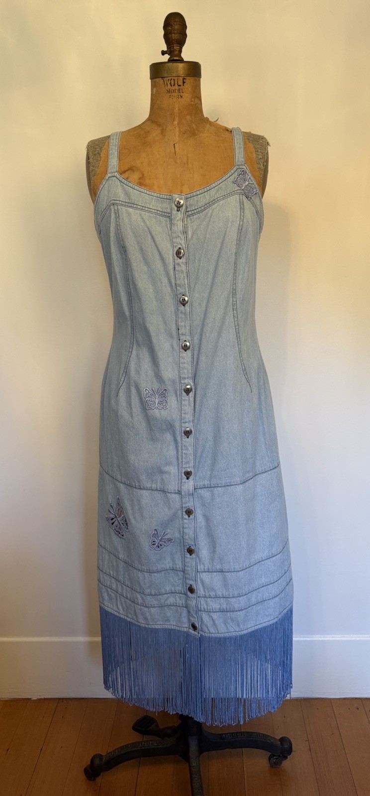 Vintage Together Denim Fringe Butterfly Cutouts Dress Cowgirl Western Festival M