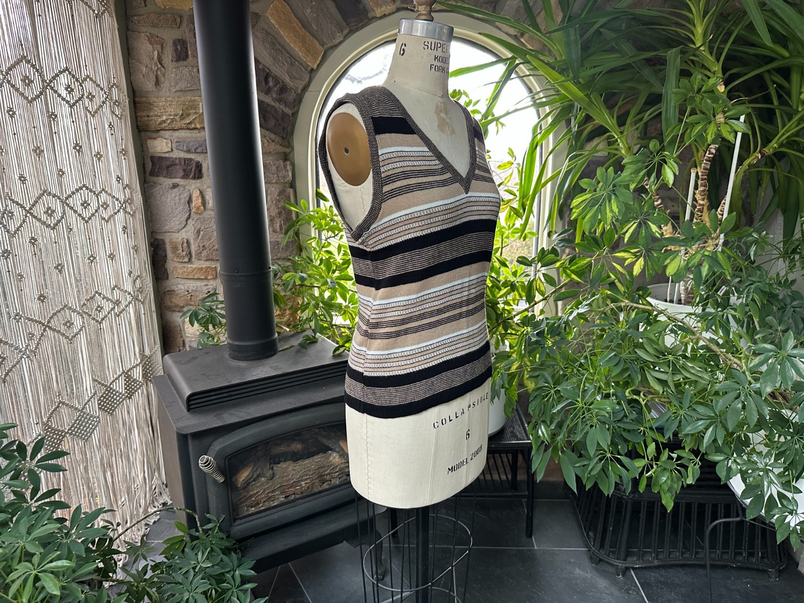 Vintage 1970s Tan Black and White Stripe V Neck Sweater Vest Campus Casual