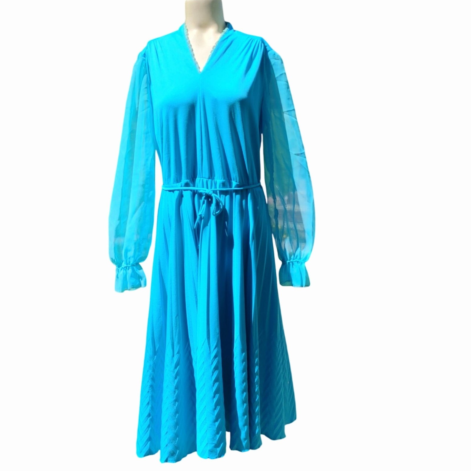 Turquoise Blue Long Sleeve Dress Sz 10 Vintage Sheer Sleeves Pleated Skirt Retro