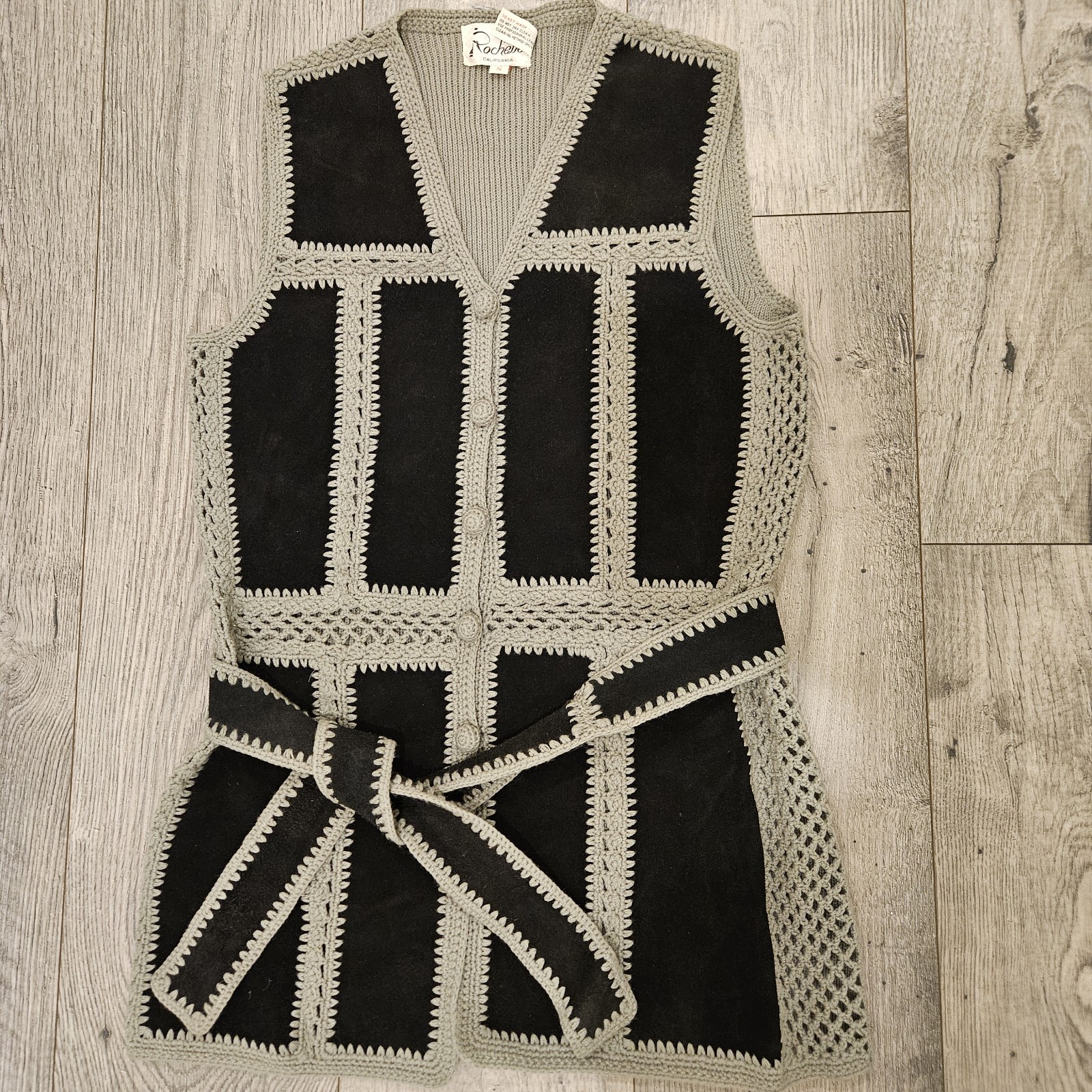 Vintage Rochelle California Western Mint/Gray Crochet With Leather Trim Vest S