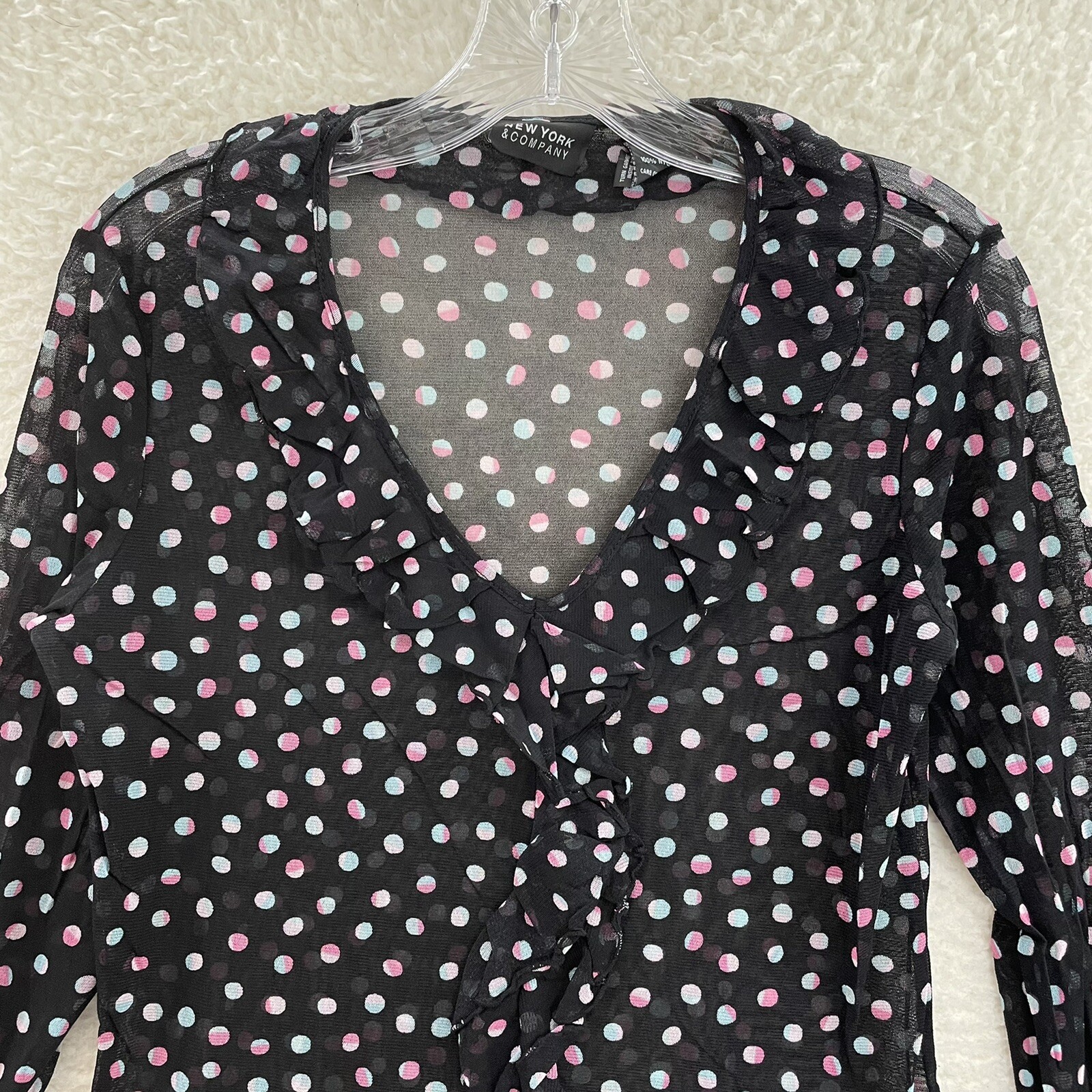 Y2K Vintage Top Button Blouse Medium Black Polka Dot Mesh Sheer Corpcore Office