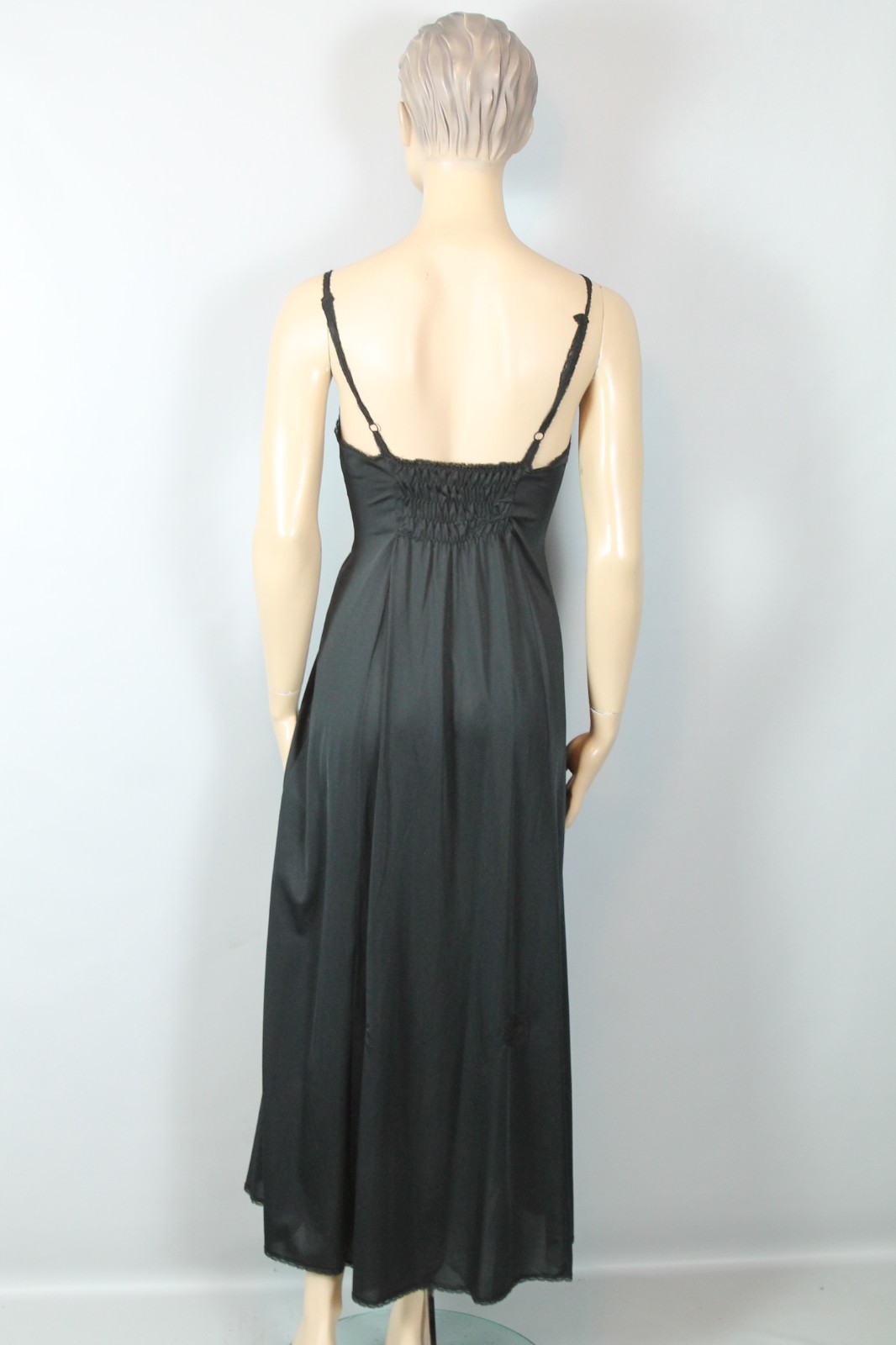 Vtg GLYDONS Made USA Hollywood Black Nylon Lace 2pc Peignoir Nightgown Robe M