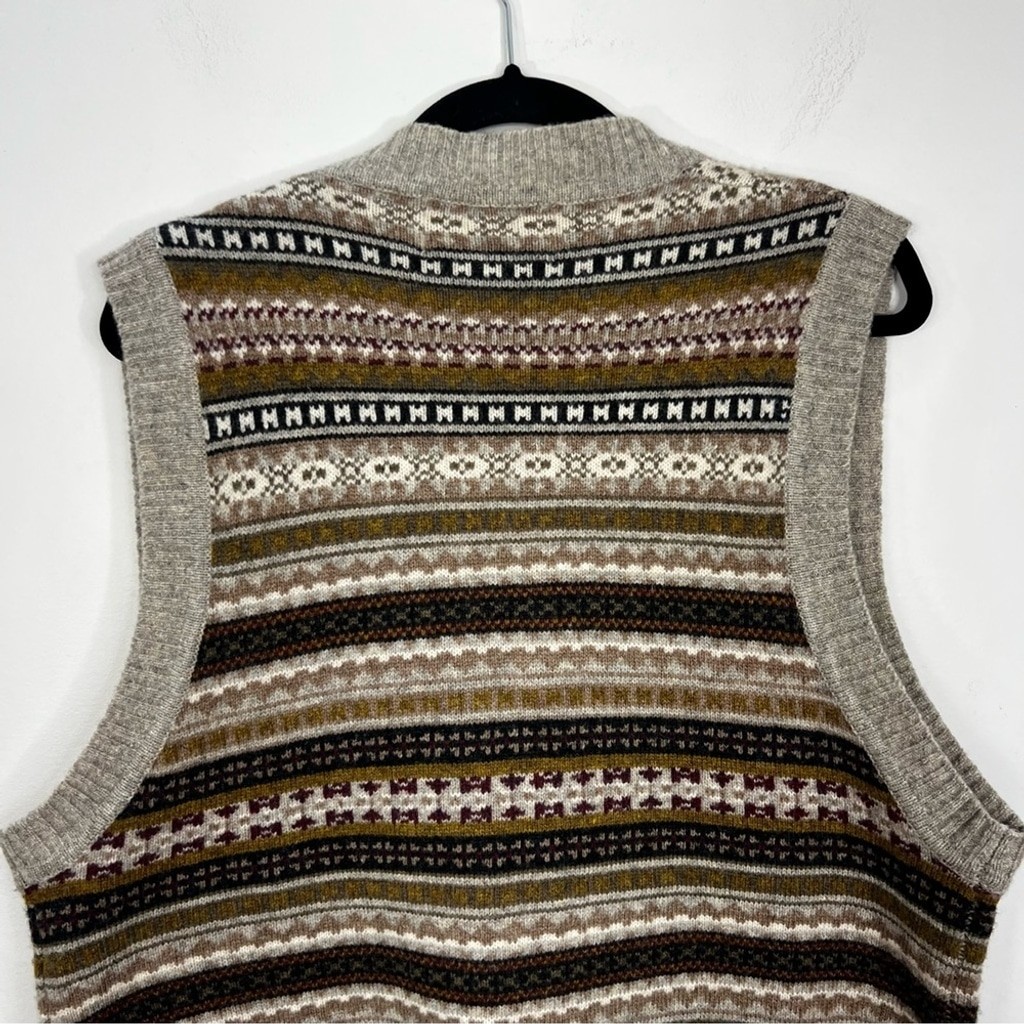 Vintage 80s 90s pure wool grey tan fair isle button front grandpa sweater vest M