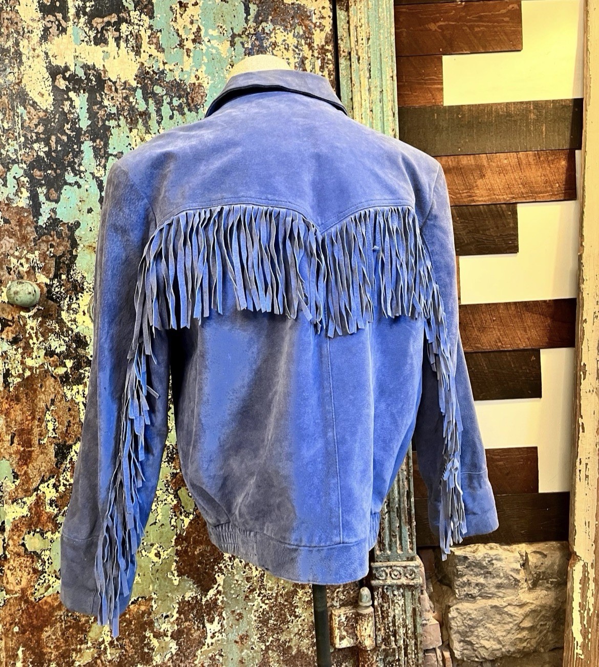 Vintage 1980s 1990s Blue Suede Fringe Jacket Medium