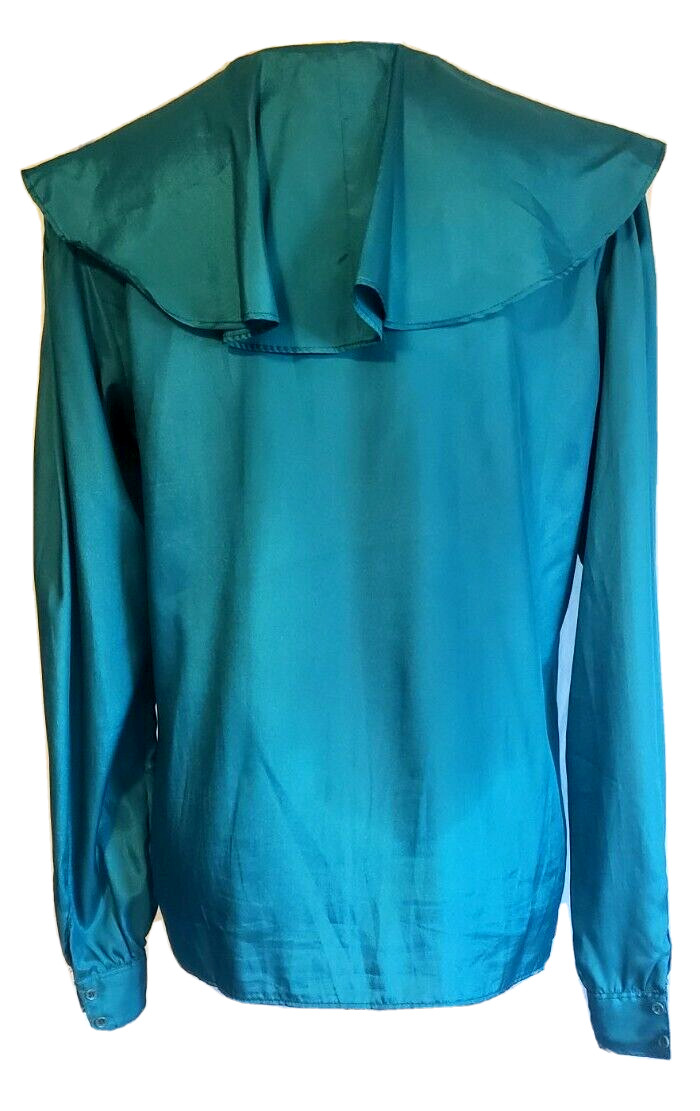 STUART LANG Blouse Women 11/12 Blue Flutter Collar Puff Sleeve Sweet VTG 80s