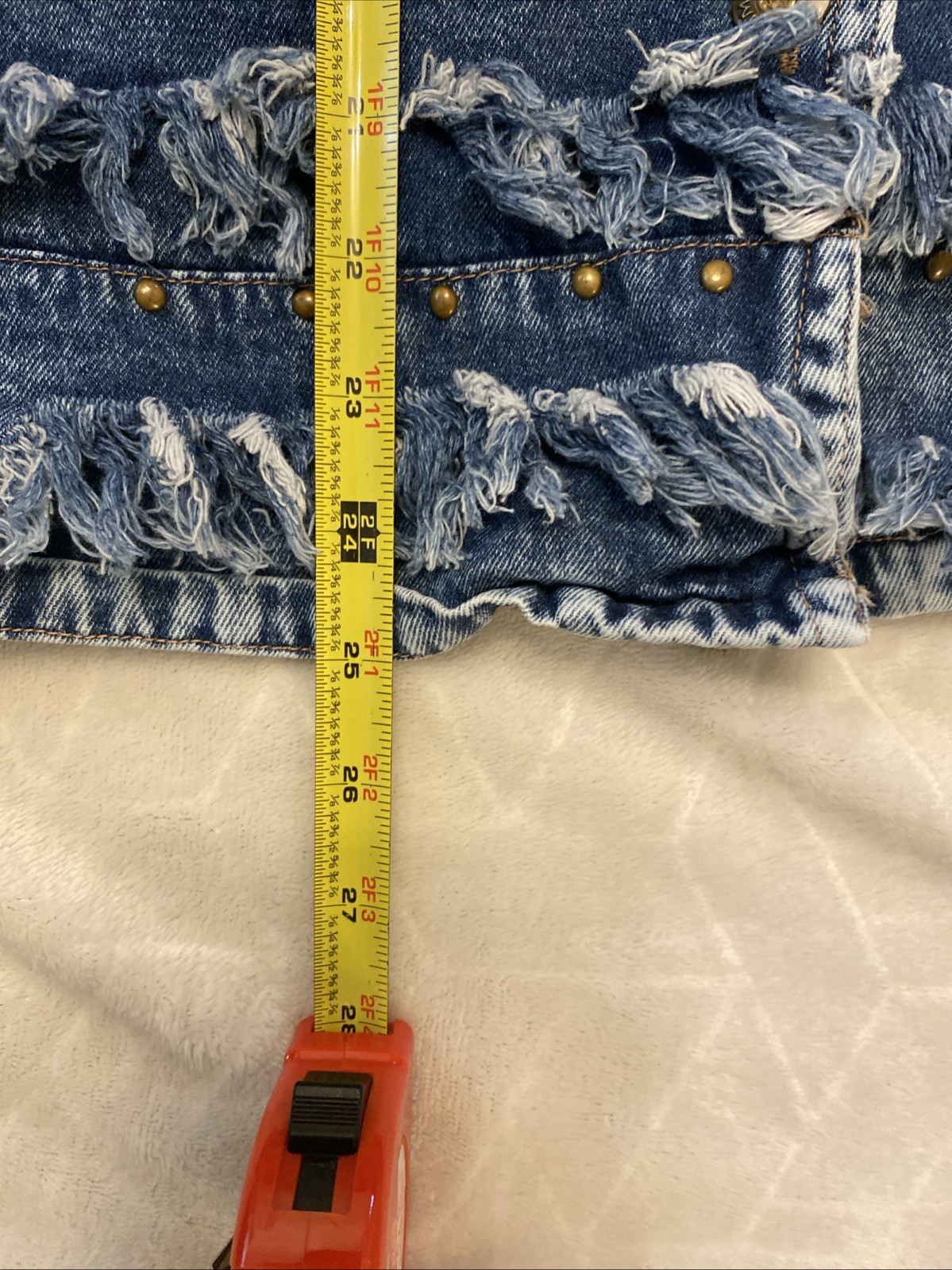 VTG Style Frayed Shaggy Fringe Denim Shacket L Brass Tone Buttons Boho Western