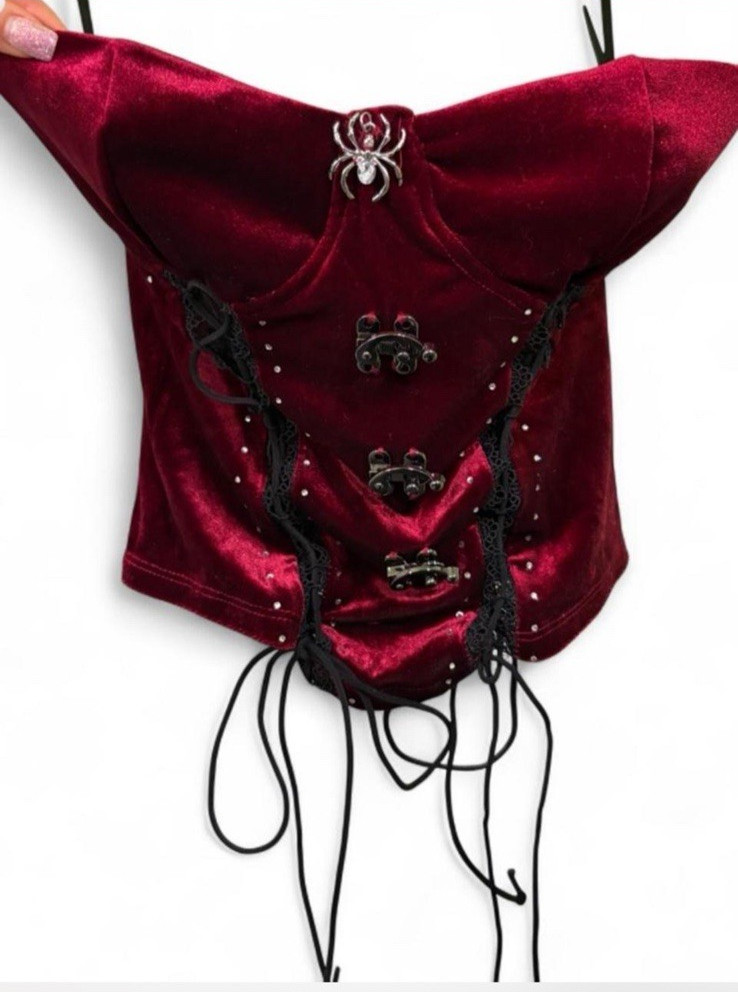 Red Velvet Bustier Corset Top Y2K Gothic Grunge Rave Festival, Medium