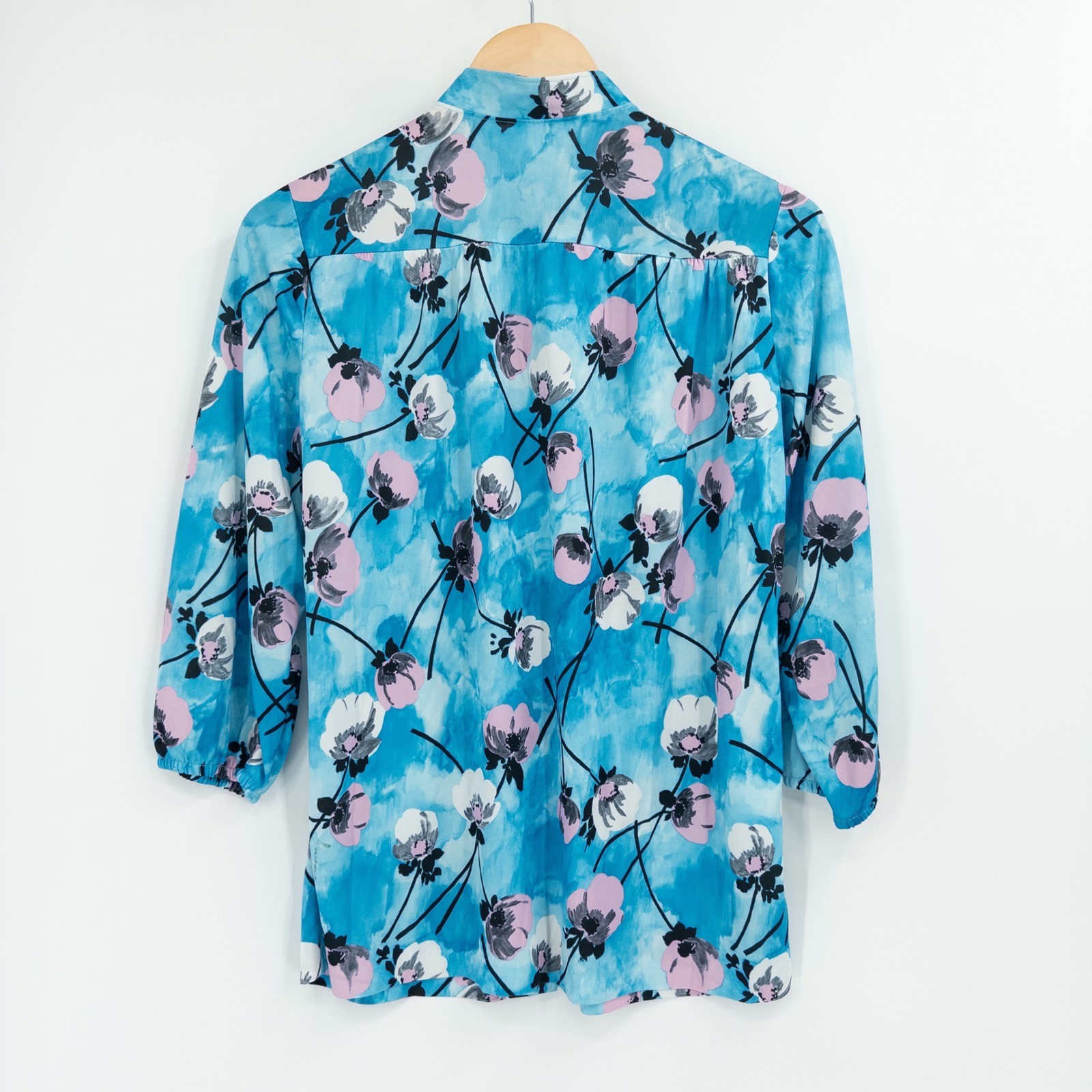 Vintage Floral Blouse Women Medium Blue 70s Psychedelic Disco Retro Fun Groovy