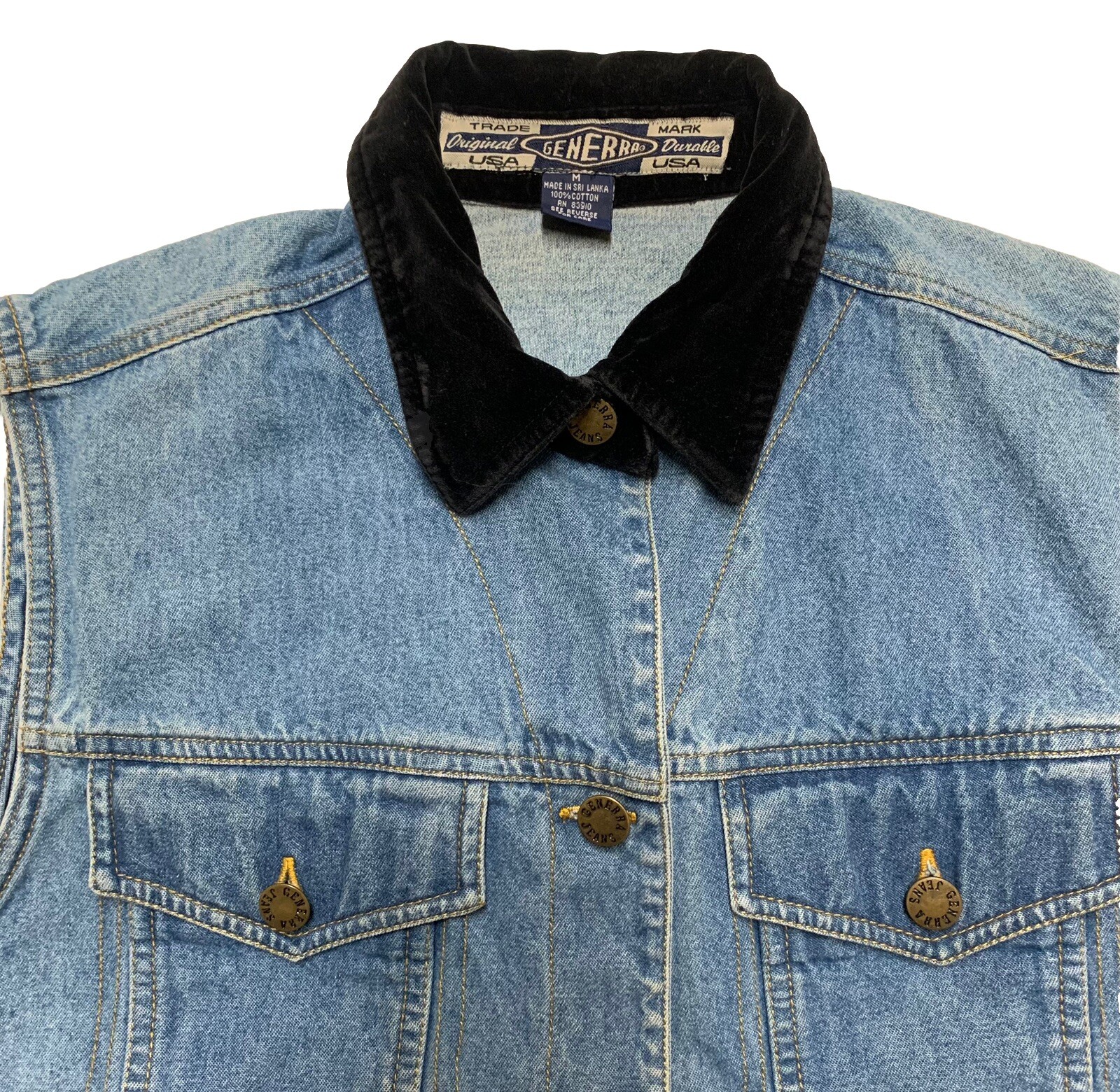 VTG 90s Generra Jean Vest Women’s Size M 100% Cotton Denim Black Velvet Collar