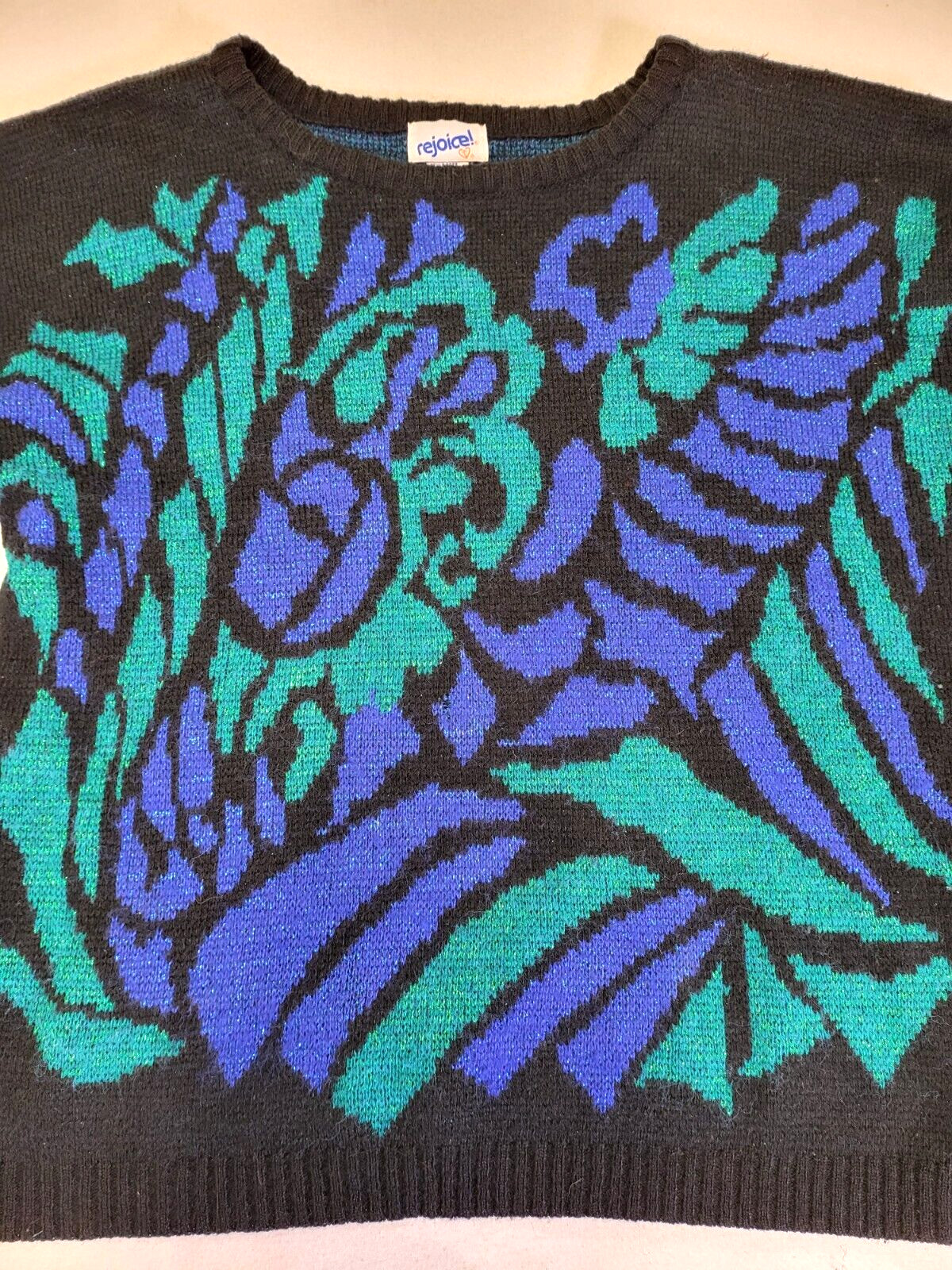 Vintage 80’s Sweater By Rejoice Abstract Design Metallic Purple Green Black 20W