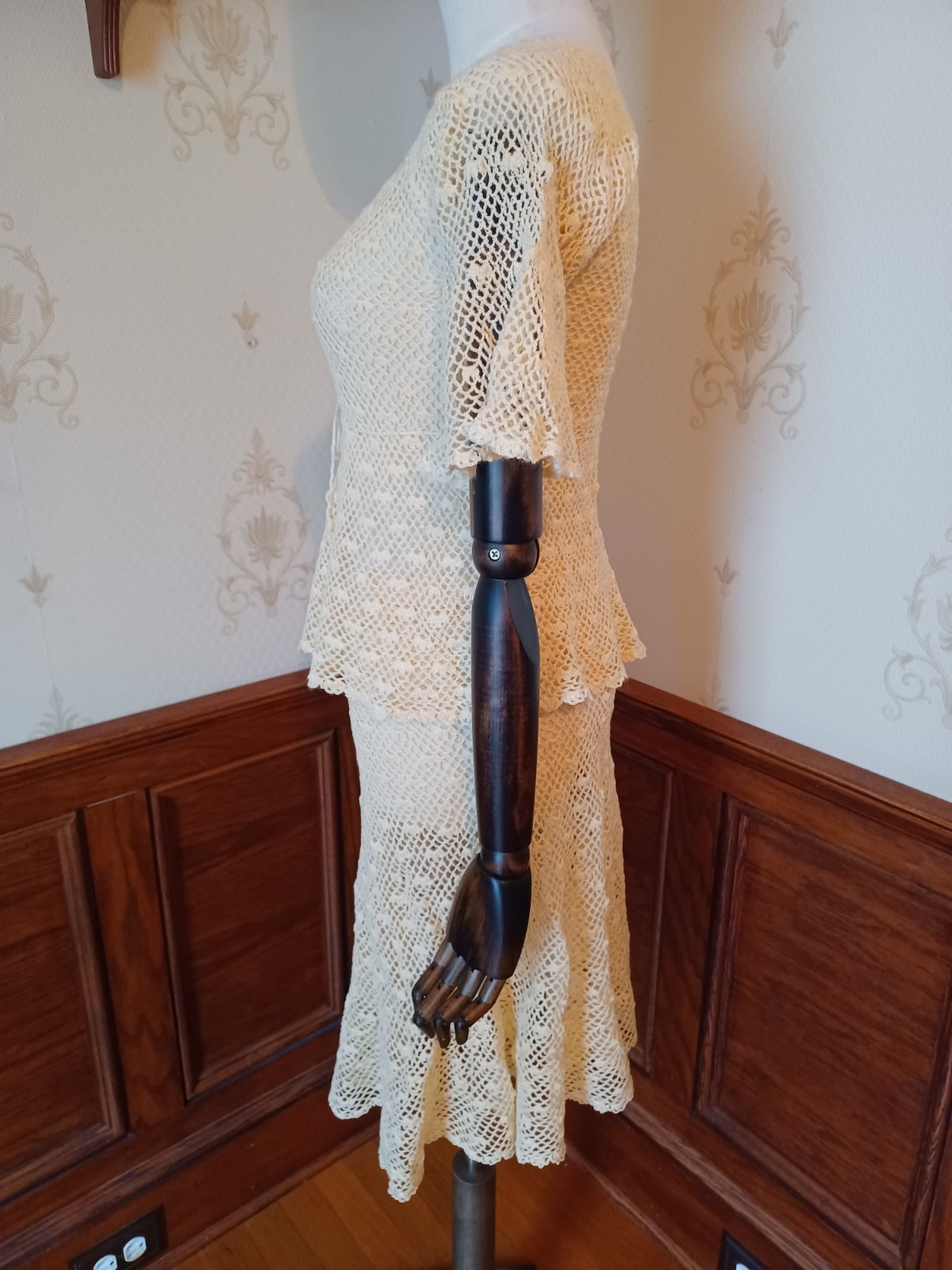 Vintage 1970s Boho/ Hippie/ Beach Wedding Ivory 2-piece Handmade Crochet Dress