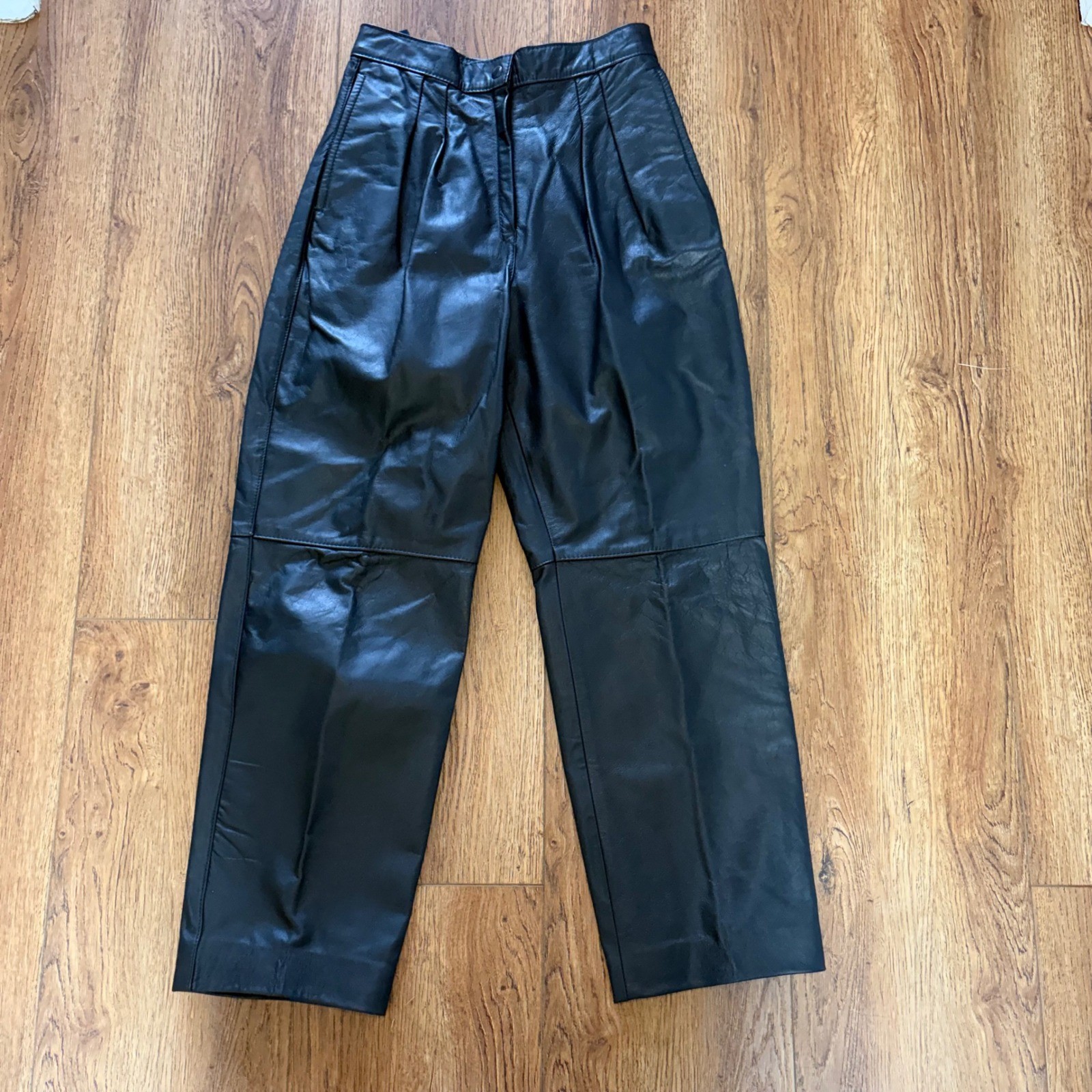 90s Comint Black Genuine Leather Pleated High Waist Pants Womens 25×27 moto boho