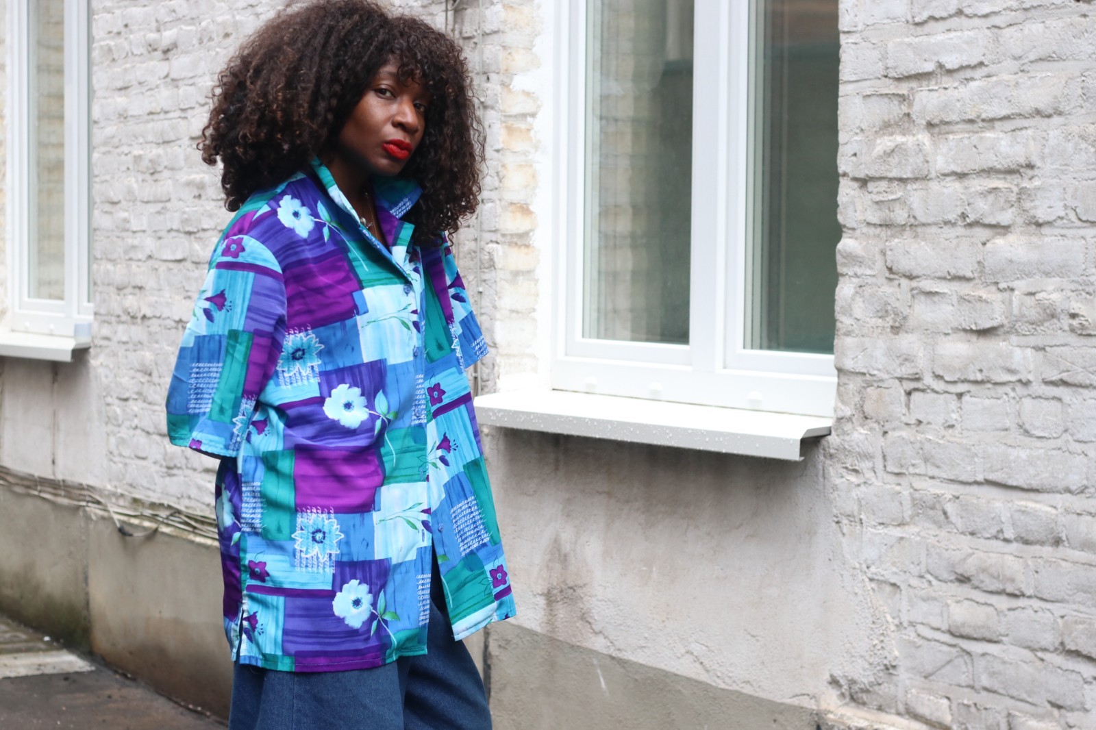 Vintage Blouse Abstract Pattern Blue Purple 90s Oversized Short Sleeve Shirt L